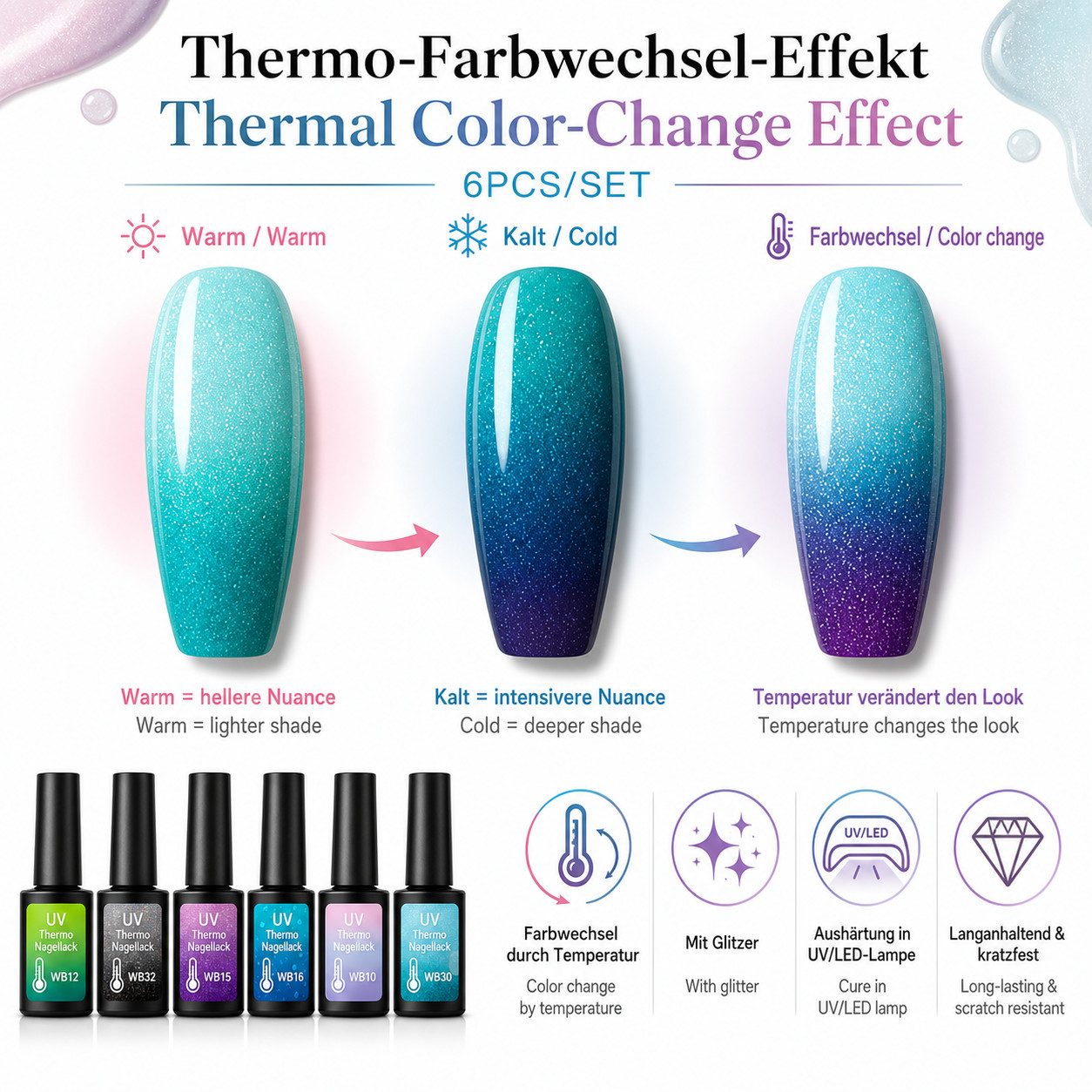 Sun Garden Nails Gel-Nagellack 6er UV Thermo Gel Set Cool Magic, leuchtend, einfache Verarbeitung