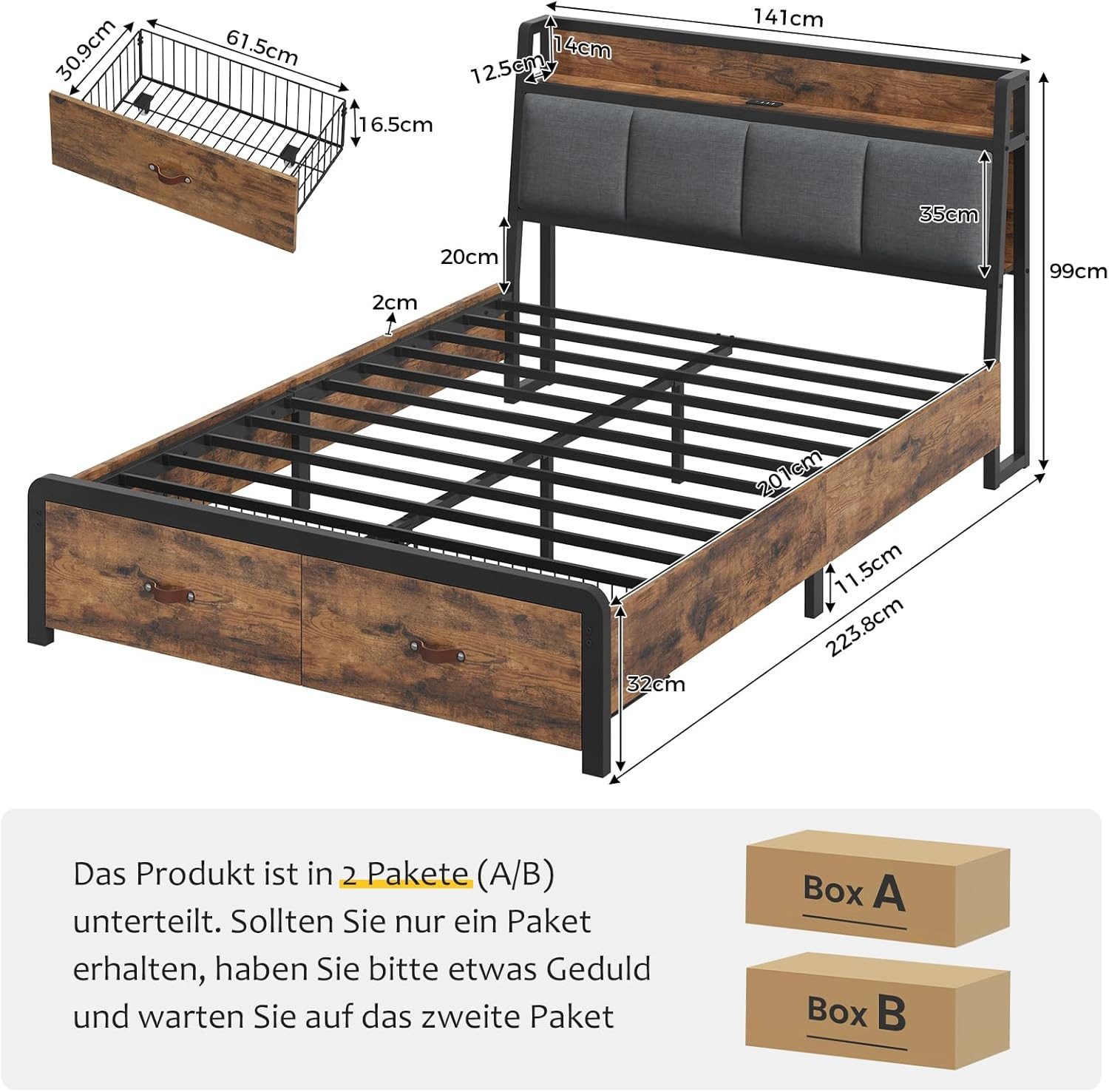 KIMENICH Metallbett Bettgestell mit Ladestation und 2 Schubladen, Jugendbet günstig online kaufen