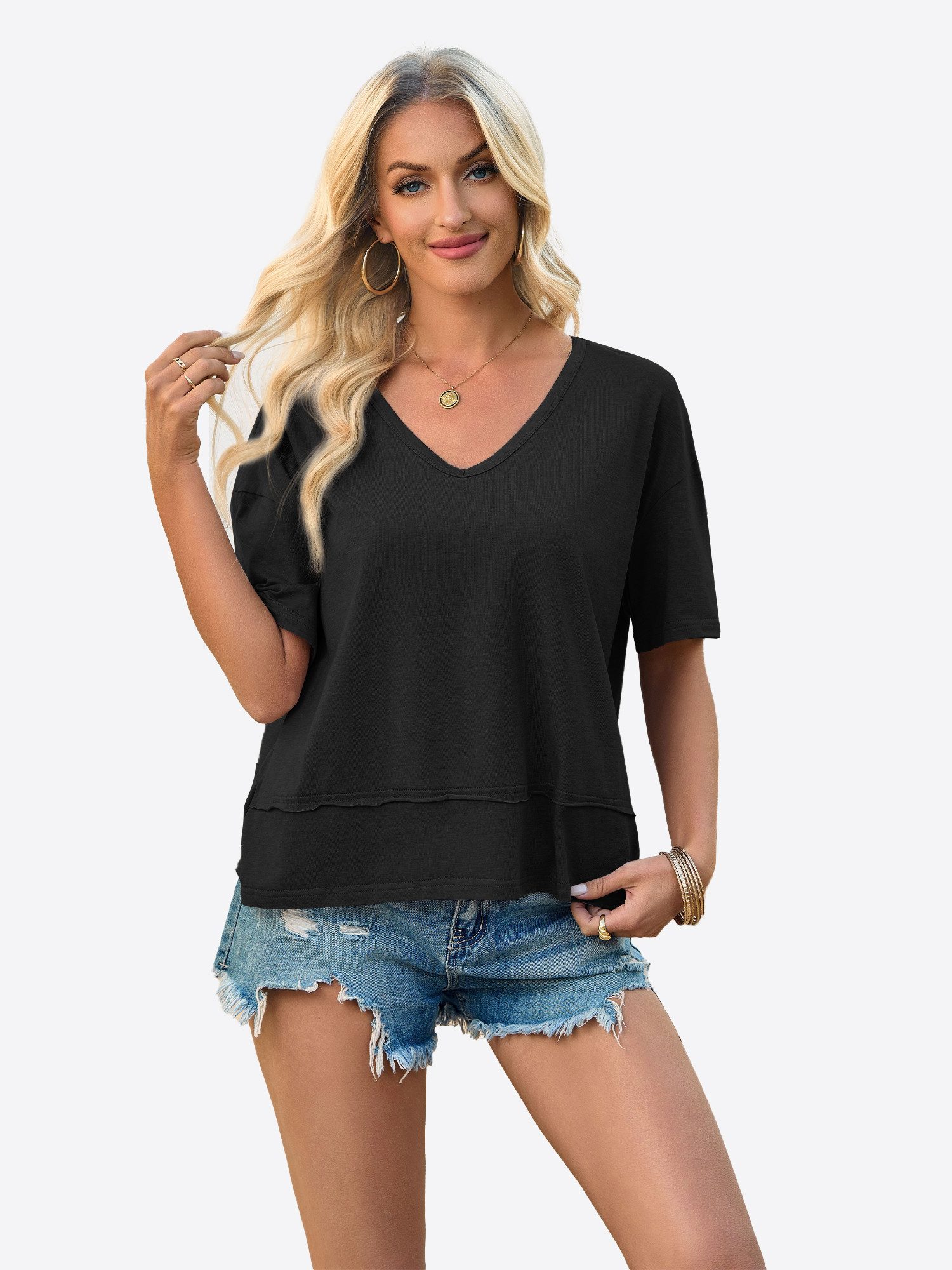 Imily Bela T-Shirt Damen Lässige Kurzärmelige Fließende Oberteile (Packung, 1-tlg., 1per-Pack) einfarbig