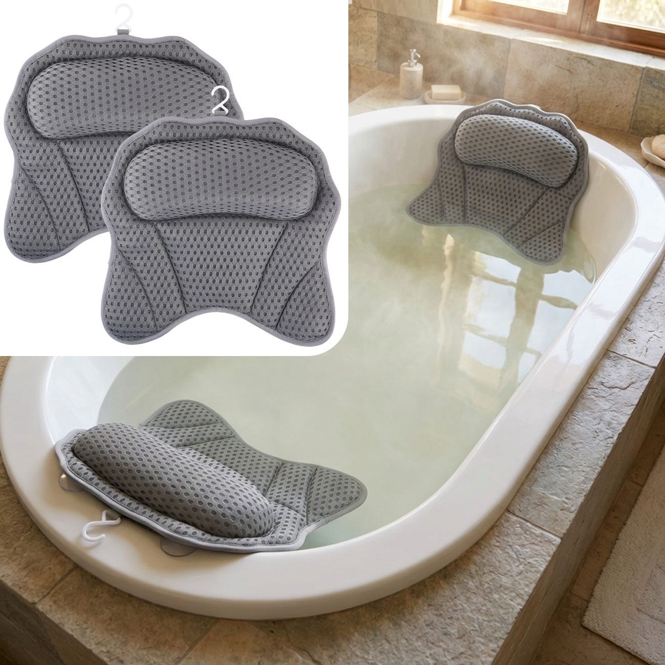 shop'n smile ideoon Badewannenkissen Ergonomisches Badewannenkissen Nackenkissen 6 Saugnäpfen & 4D Struktur, 2-tlg., 1er-Set & 2er-Set, Ergonomische Kopfstütze für Wanne & Spa, 42 x 44 x 7 cm