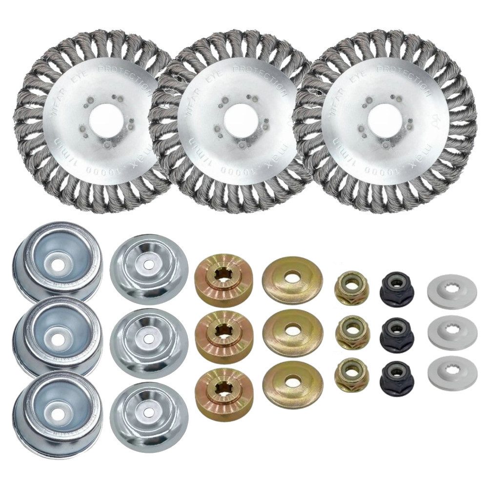 Trade-Shop Drahtbürste 3x Stahldraht-Bürstenkopf 15x2,54cm inkl Adapter-Set für Freischneider, passend für Stihl FS55 FS56 FS80 FS85 FS90R FS100 F108, Stahldraht-Bürstenkopf mit Muttern (M10/M12), Scheiben, Schutzhülle