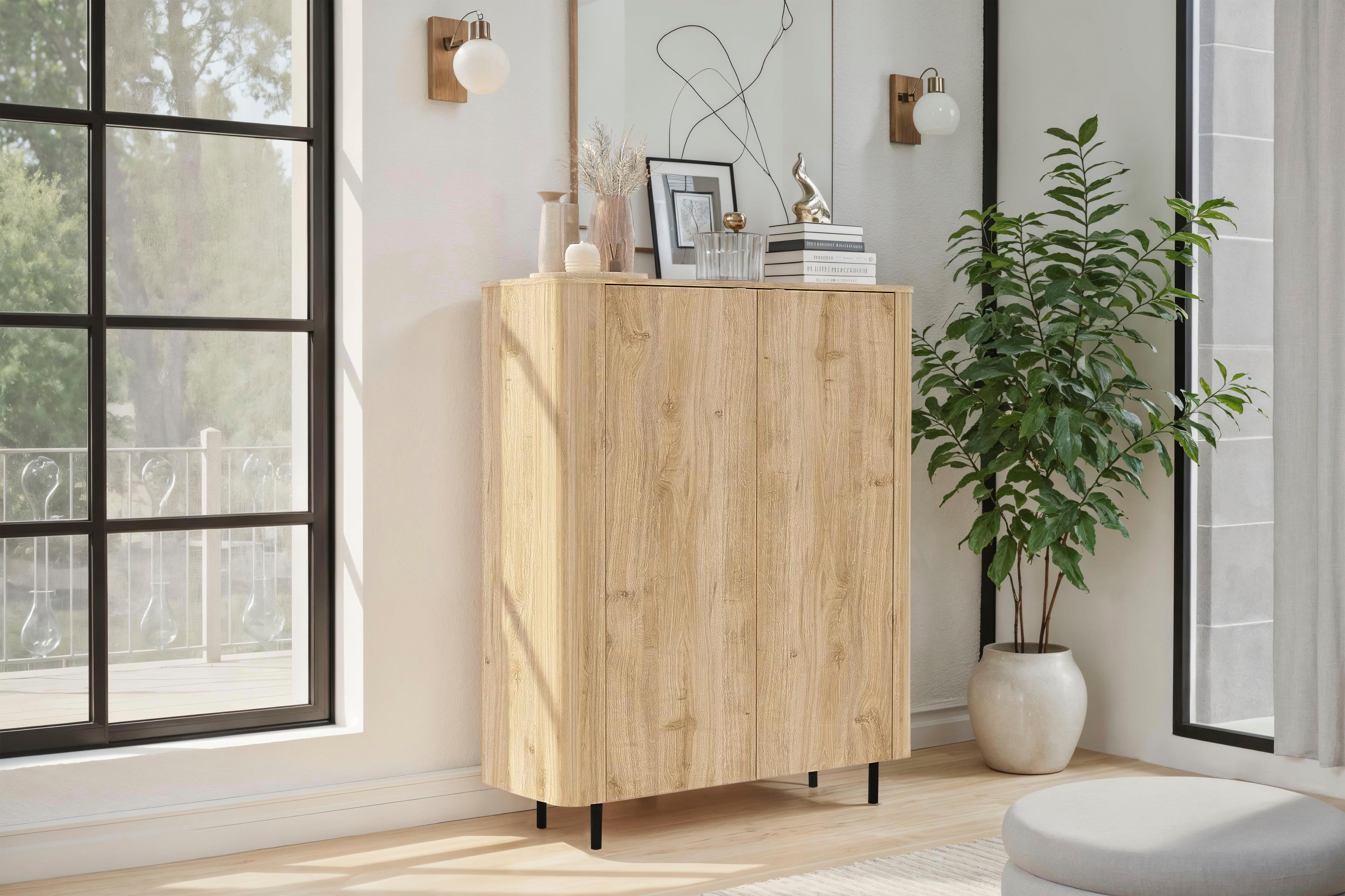 Home affaire Highboard Murano, B/H 131/154 cm, 2 Türen, Stauraumschrank, Hochkommode, Formgebogenes MDF, Stirnseiten mit Rundung, Füße und Griffe aus Metall