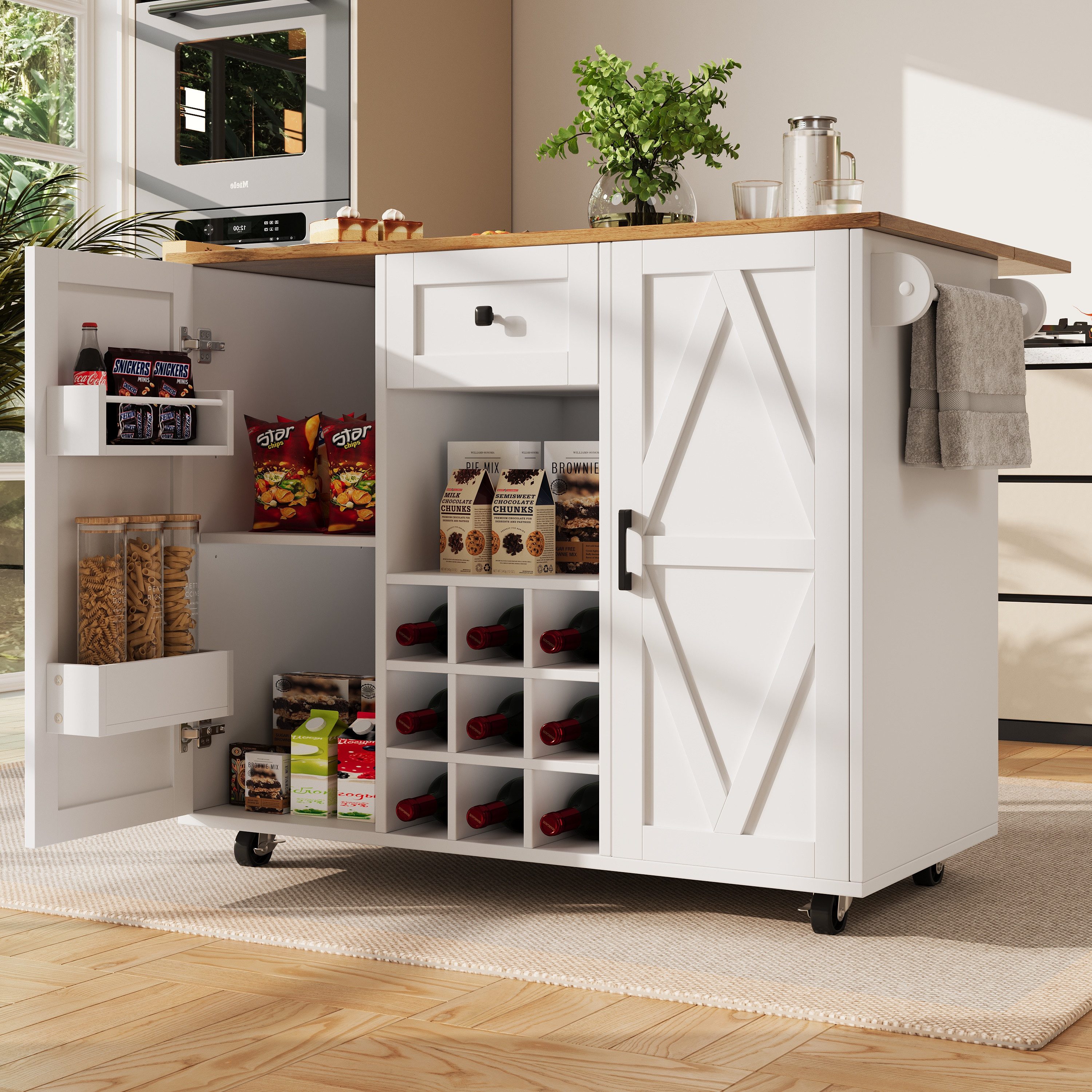 MODFU Küchenwagen Multifunktionsschrank,Küchenschränke,Buffetschrank, (Multifunktionale Kücheninsel mit klappbarem Esstisch, großzügigem Stauraum und flexiblen Rädern)