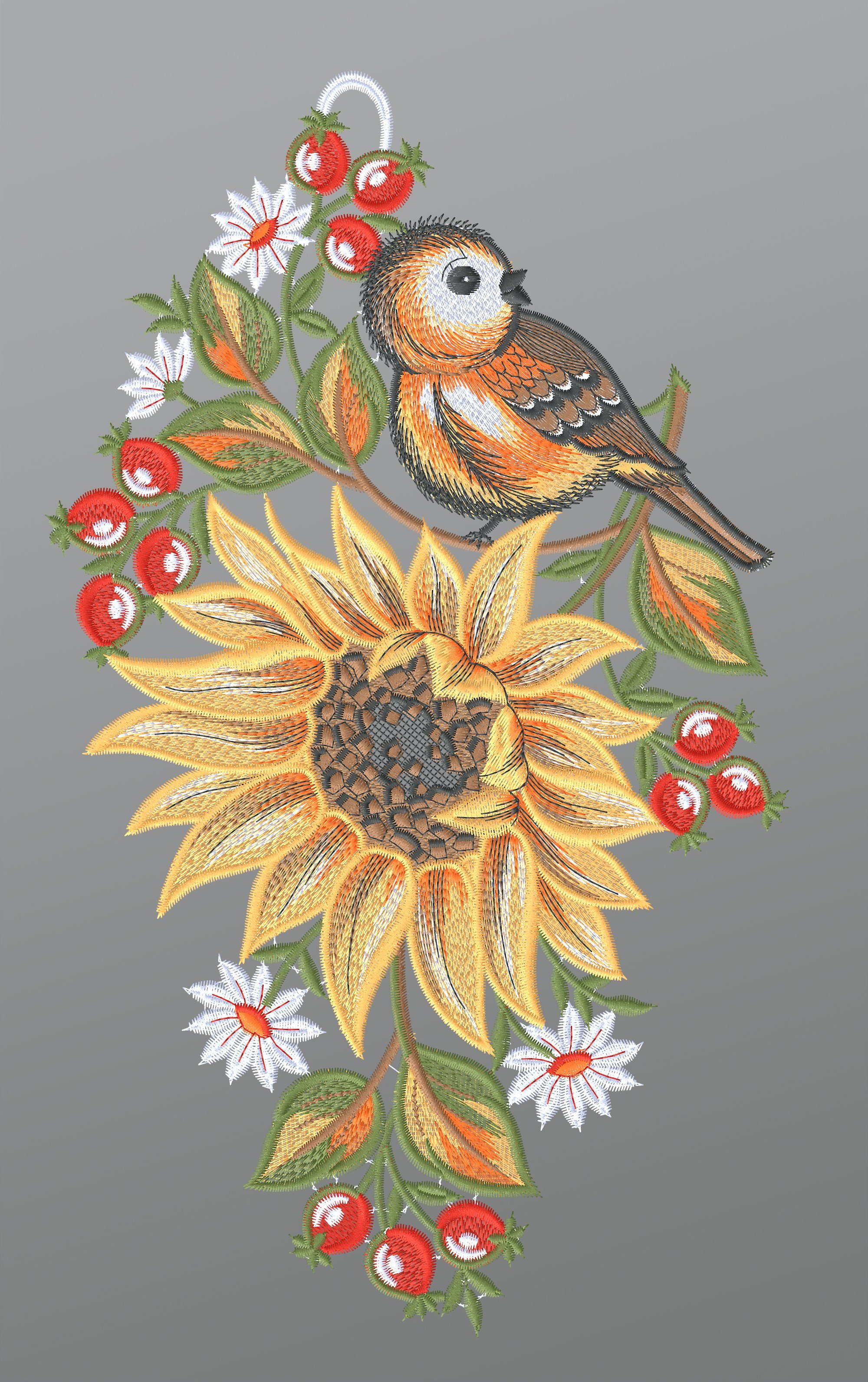 Plauener Spitze® Fensterbild Sonnenblume mit Vögelchen, günstig online kaufen