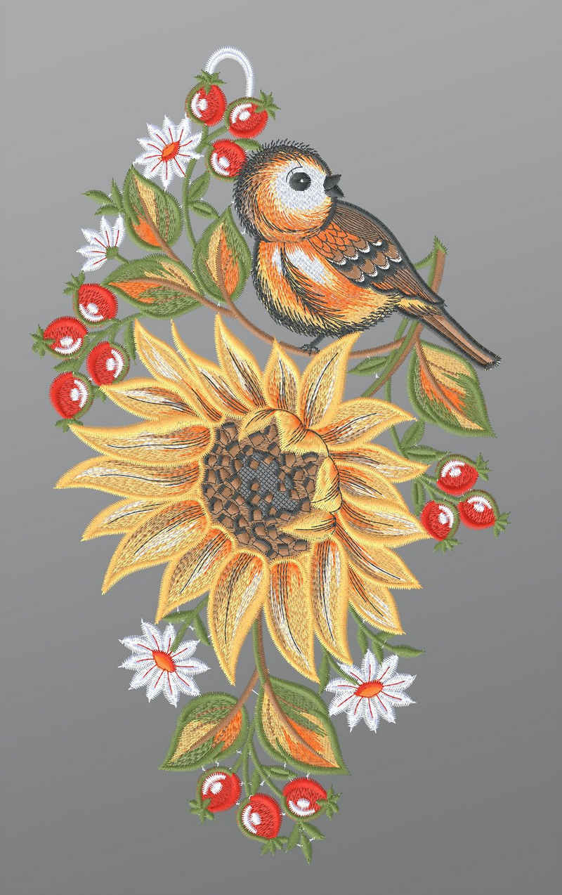 Plauener Spitze® Fensterbild Sonnenblume mit Vögelchen, HxB 32x19cm