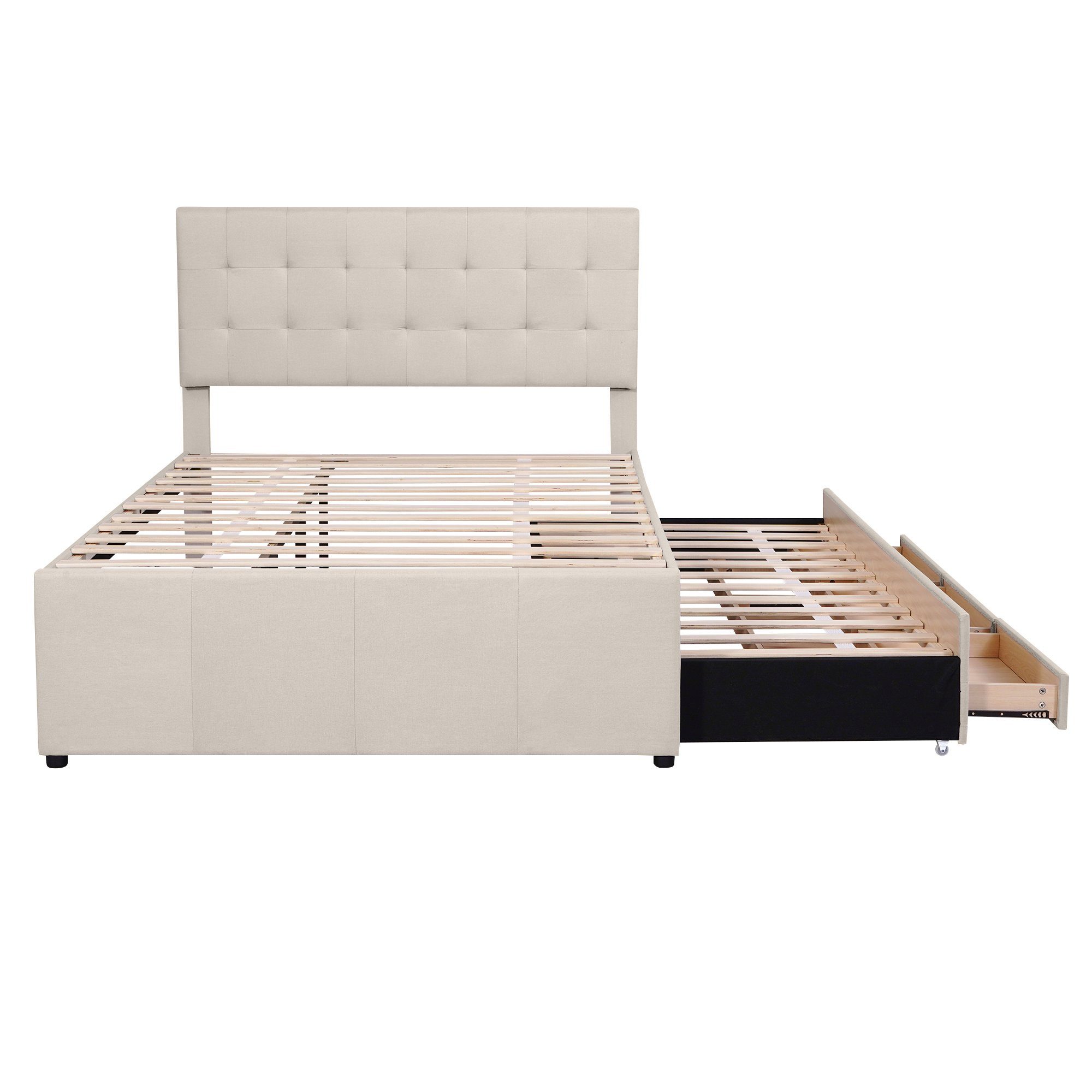 Bett OKWISH Familienbett, beige ausziehbares (mit Kopfteil), drei Polsterbett Matratze 140x200cm Ehebett, Ohne Verstellbares Schubladen, Doppelbett,