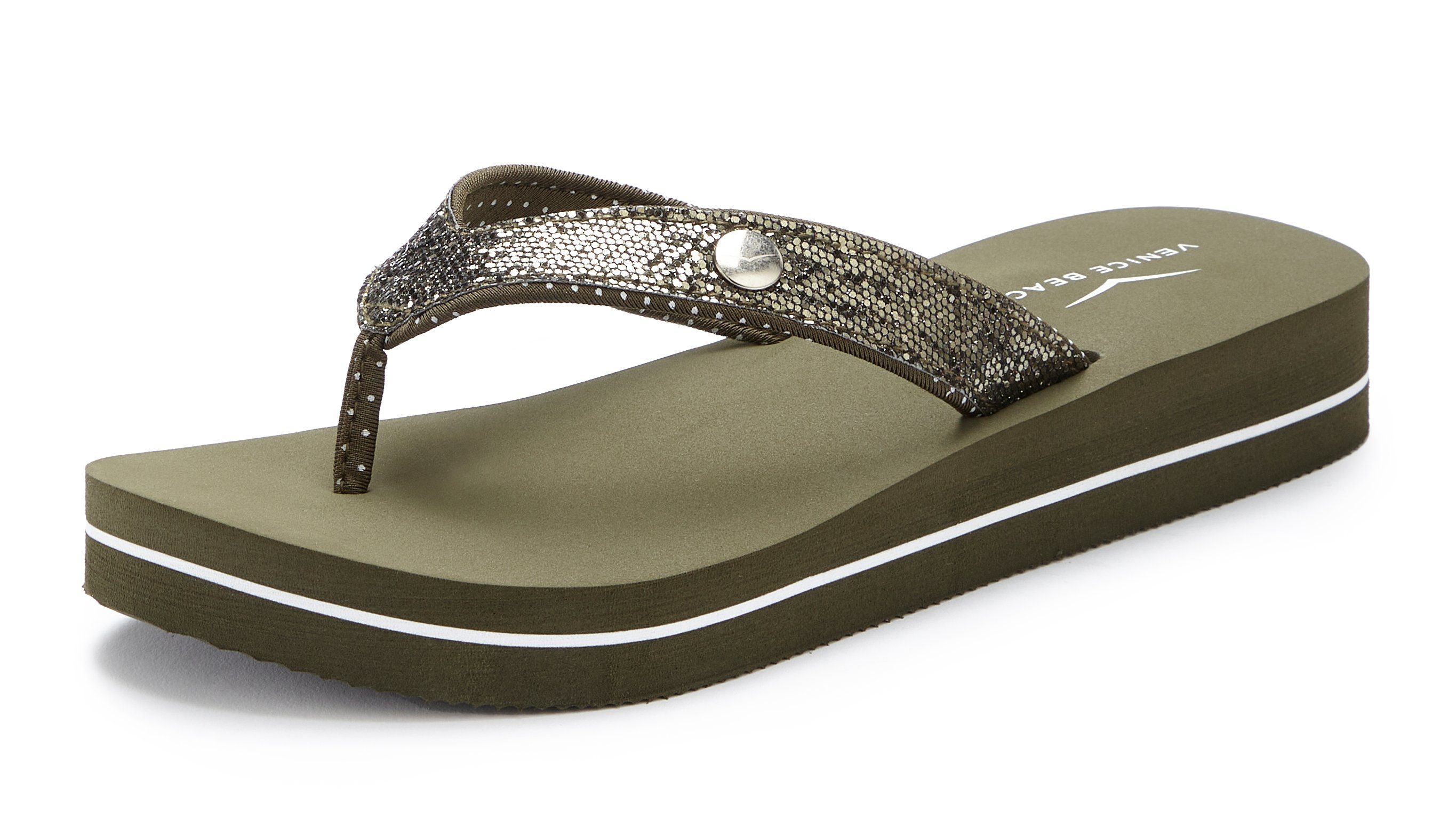 Badezehentrenner Venice ultraleicht Pantolette, Sandale, mit Badeschuh Beach olivgrün VEGAN Glitzerband