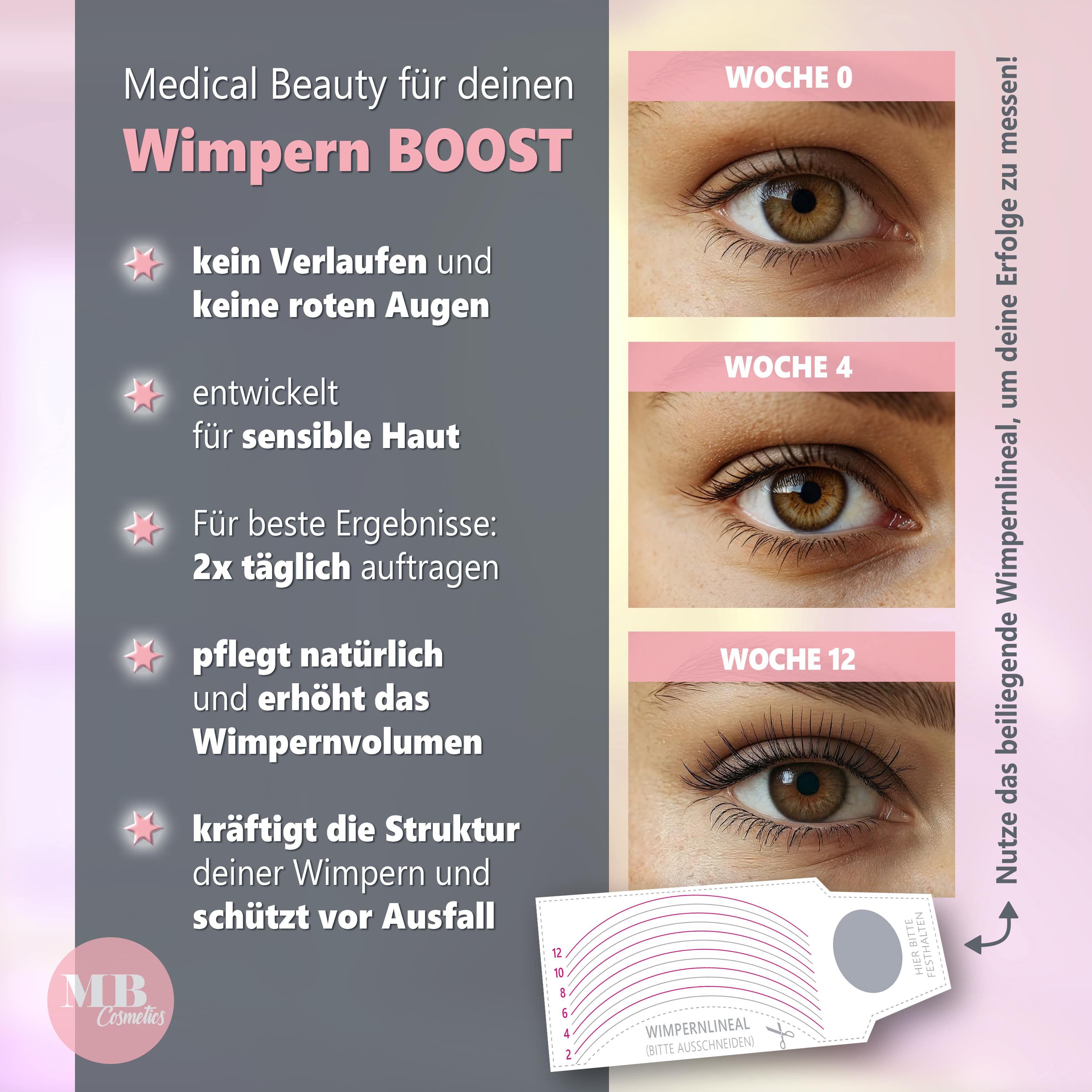 Medical Beauty Cosmetics Wimpernserum Sensitiv Vegan 10 ml - Lash Serum mit Hyaluron, Kollagen und Peptiden, klinisch & dermatologisch getestet, empfindliche Haut