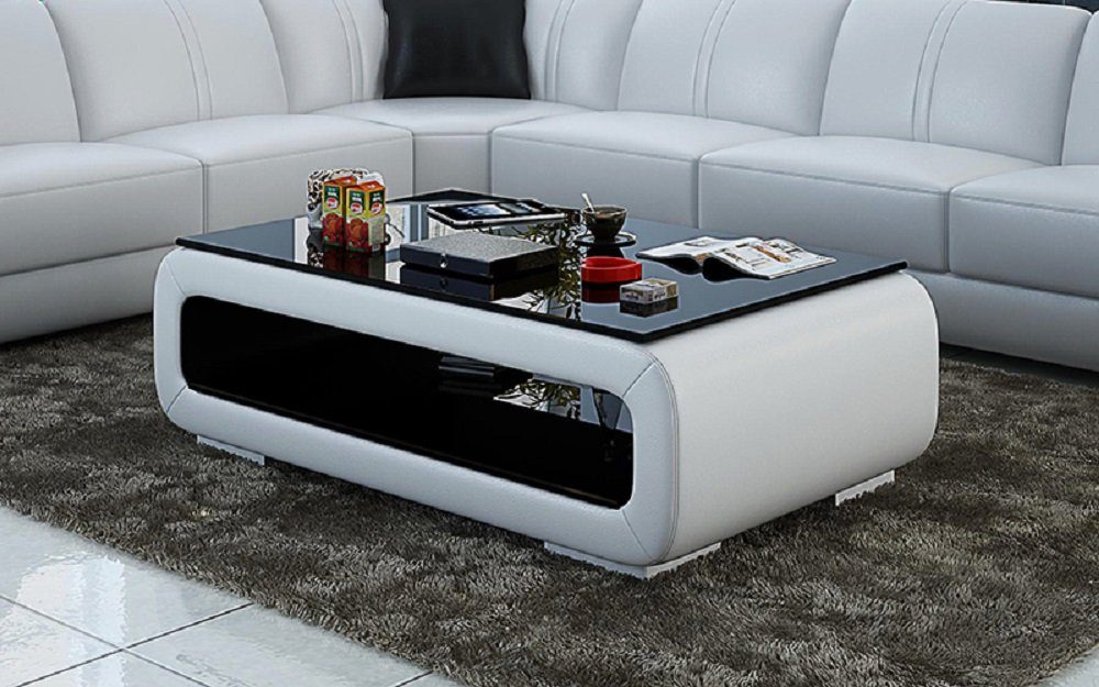 JVmoebel Couchtisch Wohnzimmertisch Modern Hochglanz Weiß mit Glasplatte und Stauraum, Made in Europa