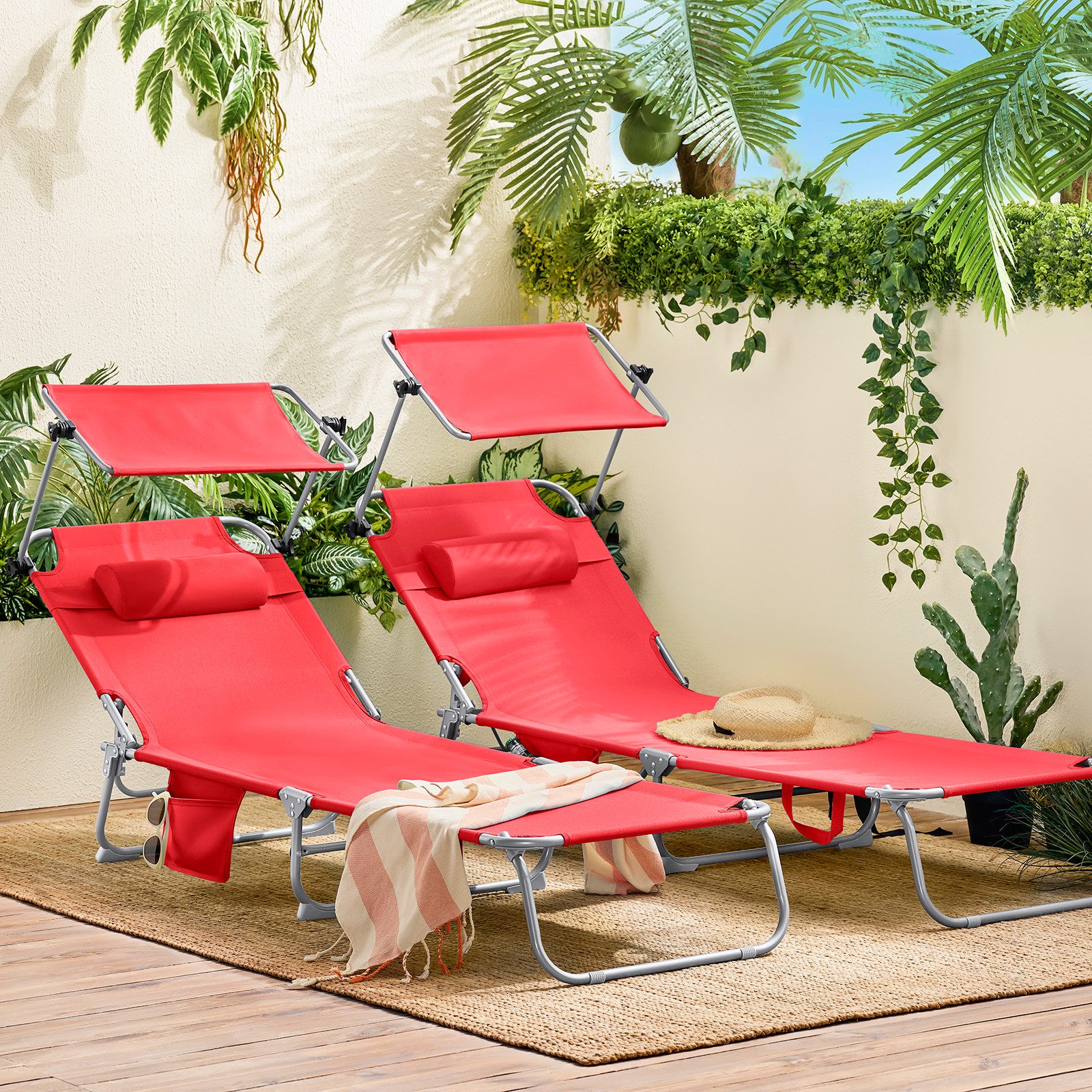 SoBuy 2-er Set Gartenliege mit Kopfkissen und Sonnendach aus Metall Schwarz günstig online kaufen