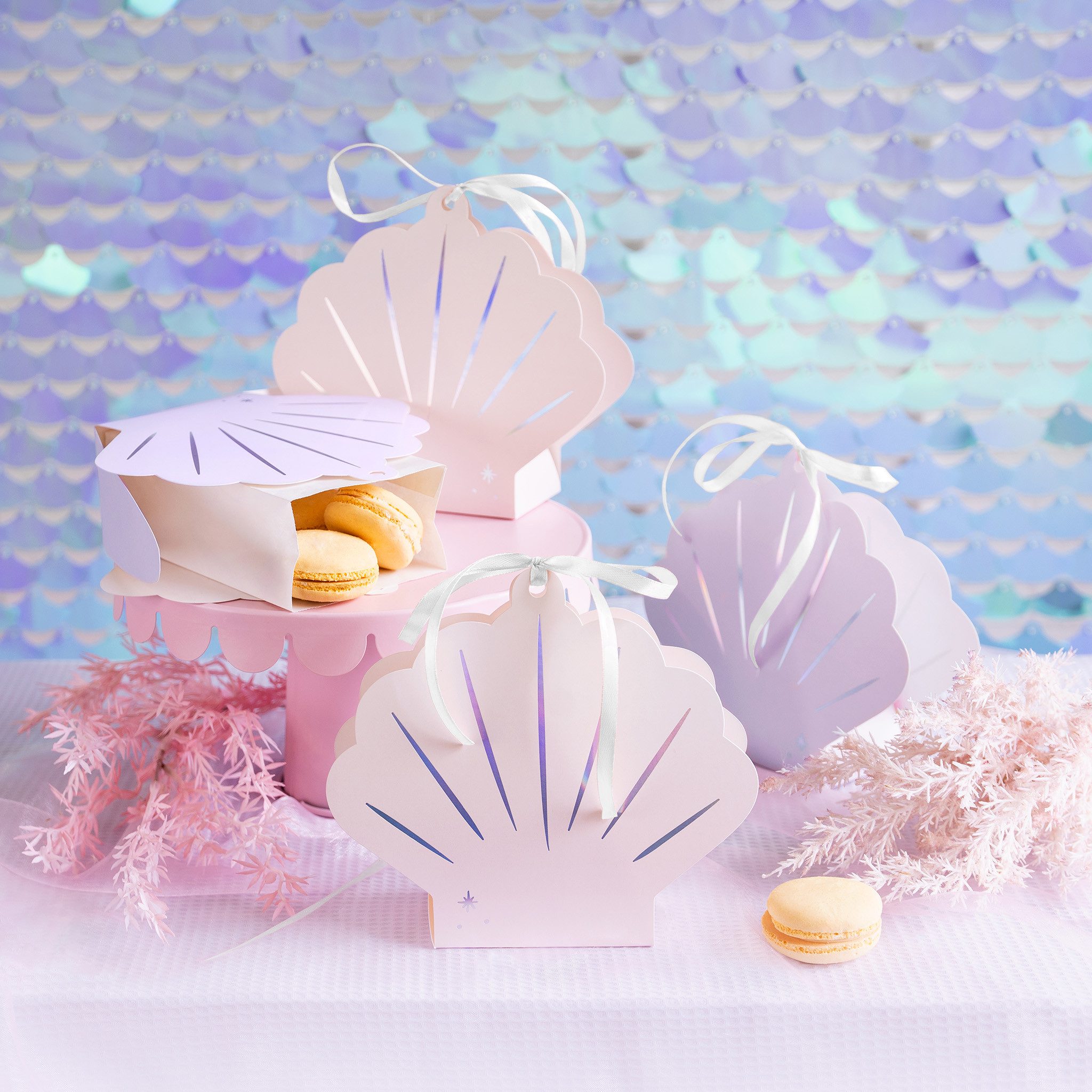 partydeco Geschenkbox, Geschenkbox Muschel 16x17x5cm mit Schleife 4er Set