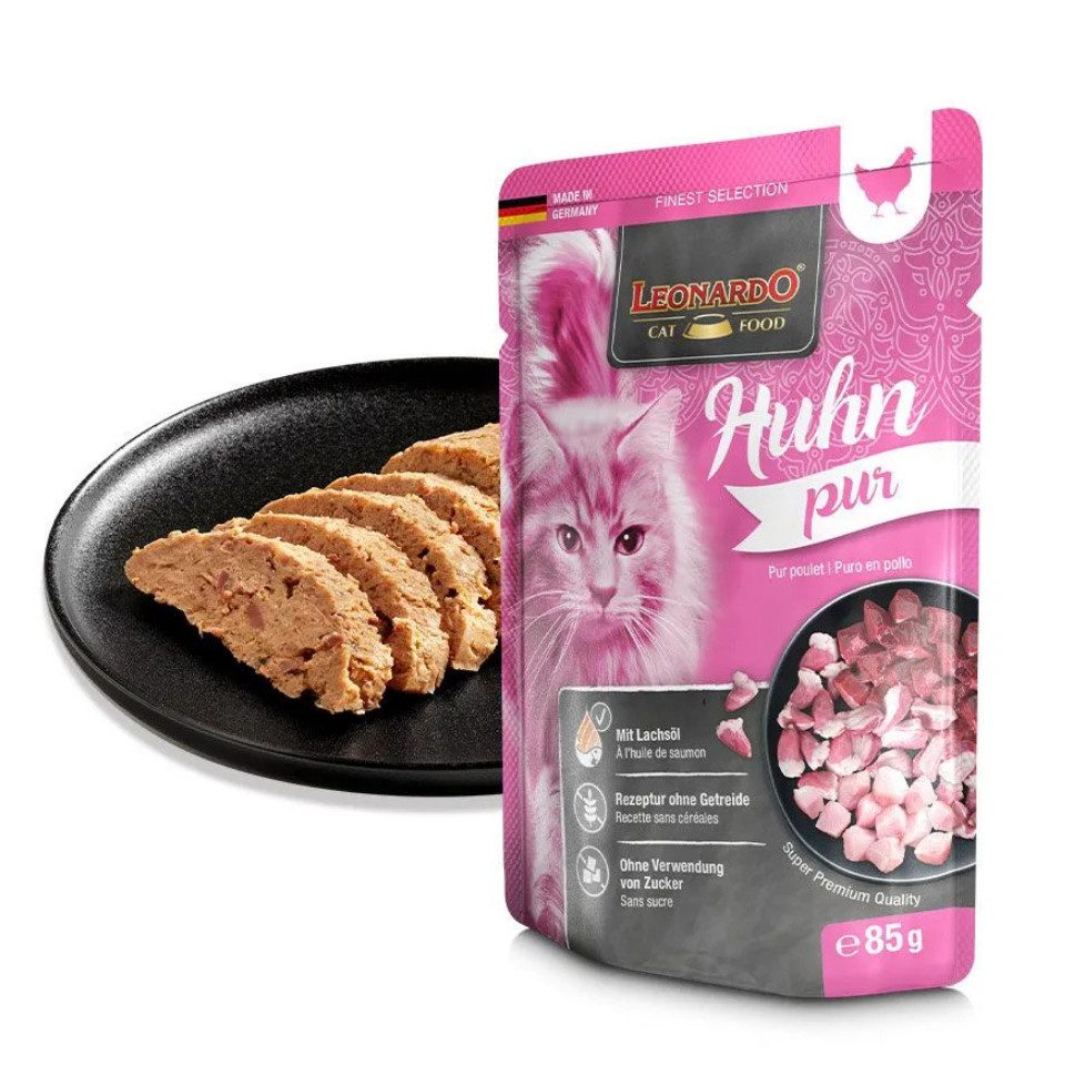 Leonardo Catfood Huhn Pur - getreidefreies Nassfutter mit fettarmen Huhn 16x85g, Nassfutter für: Katzen
