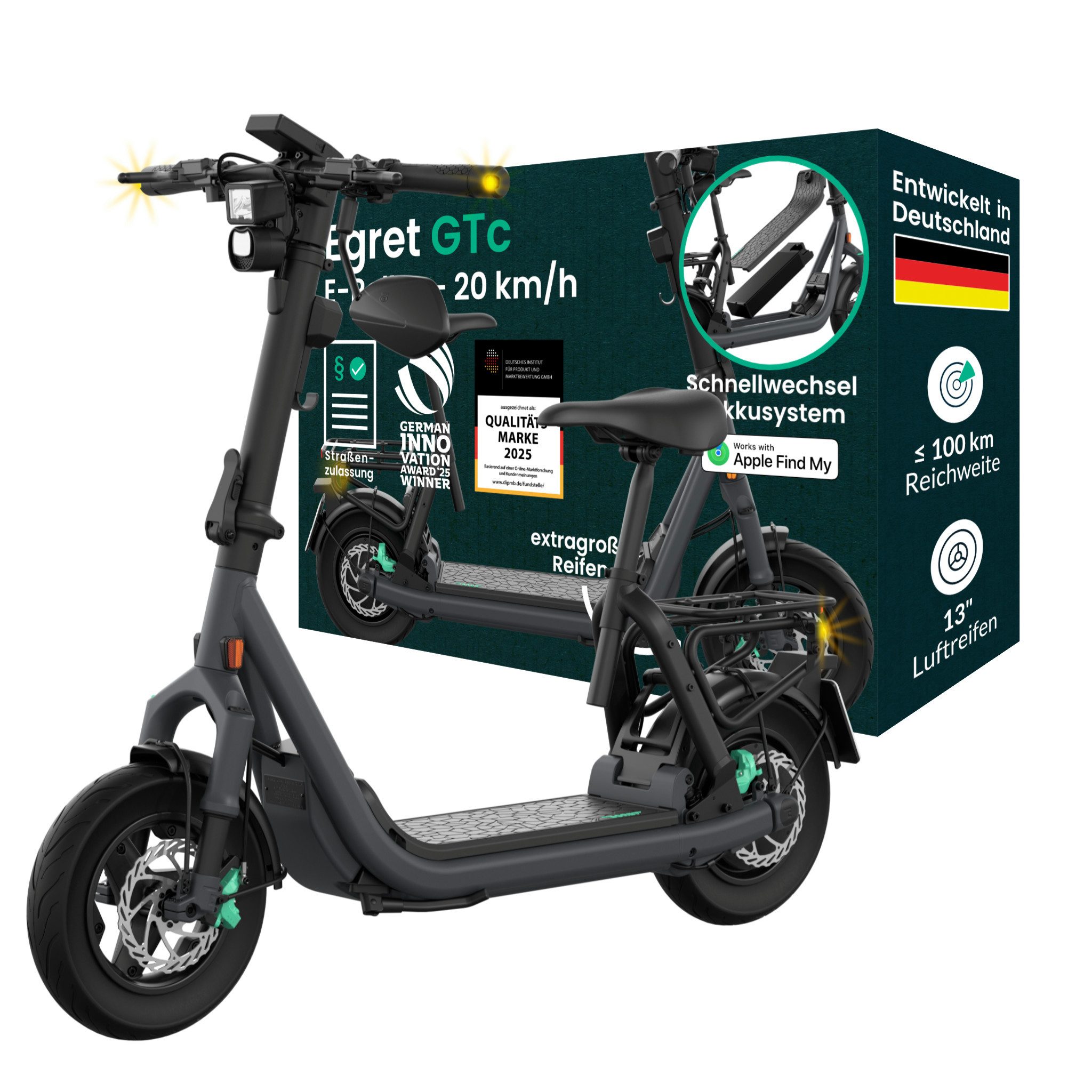 Egret E-Mofaroller GTc, FEDERUNG, APPLE FIND MY, ≤100 km, 1890 W, 20 km/h, Wechselakku-System, Vollfederung, Scheibenbremsen, App, NFC, USB-C
