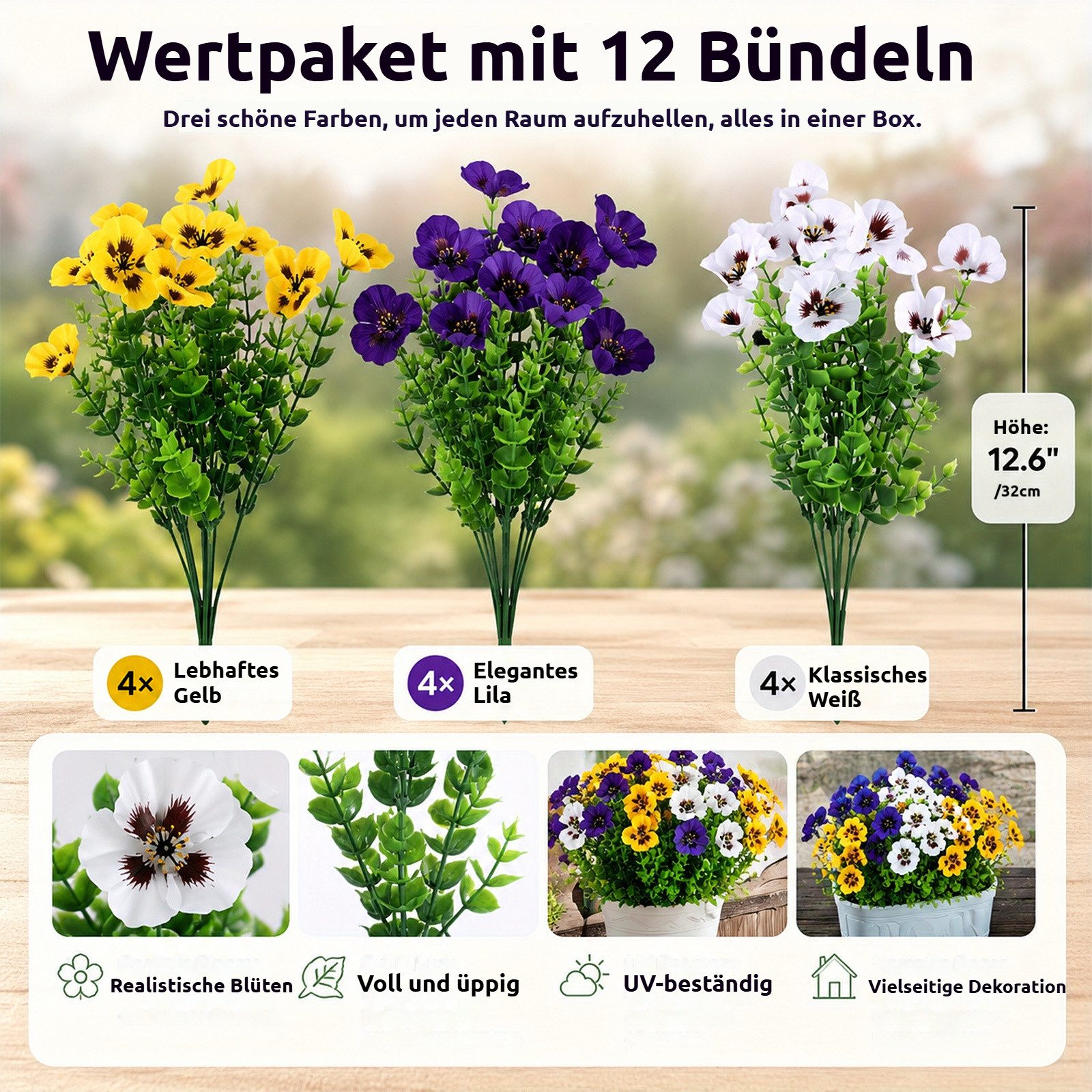 Kunstblumenstrauß 12 Bündel künstliche Blumen wie echt, UV‑beständig, pflegeleicht Prunkwinde / Stiefmütterchen, BlingBin, Höhe 35 cm, Kunstpflanzen für Außenbereich, Balkon und Balkonkasten