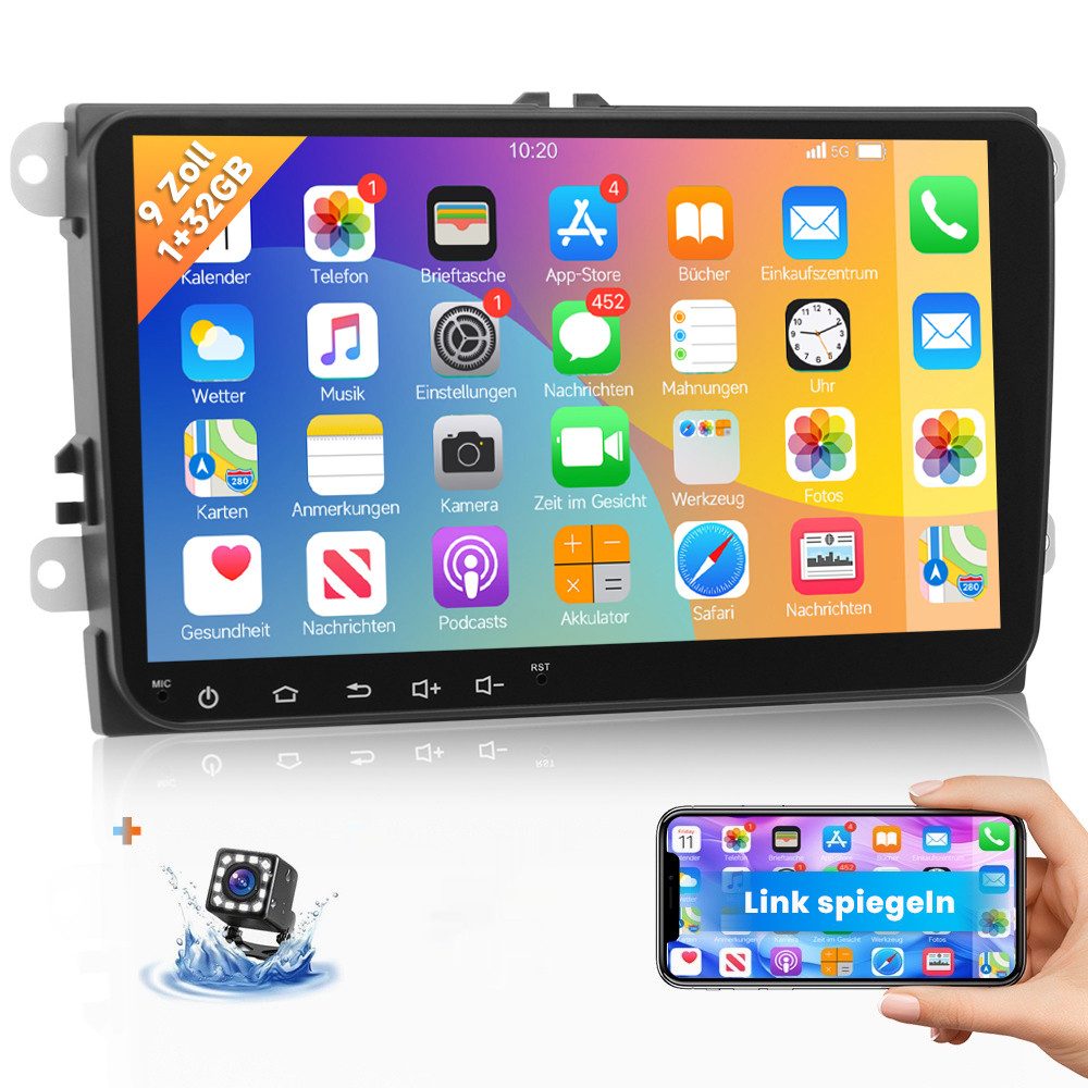 Hikity 9 Zoll Android für VW Polo Passat Tiguan GPS Spiegelung mit Kamera Autoradio (FM/AM-Radio, Bluetooth, Wifi, gespiegelte Verbindungen)