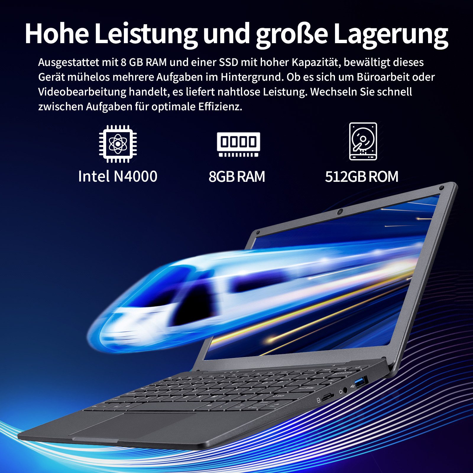 LONGEVINCE 10,1 Zoll Mini Laptop, 8GB RAM Notebook (25,6 cm/10.1 Zoll, Intel Celeron N4000, Intel HD Graphics 600, 8 GB, 512 GB SSD, Ultradünnes Design, Windows 11 Pro, inklusive Maus)
