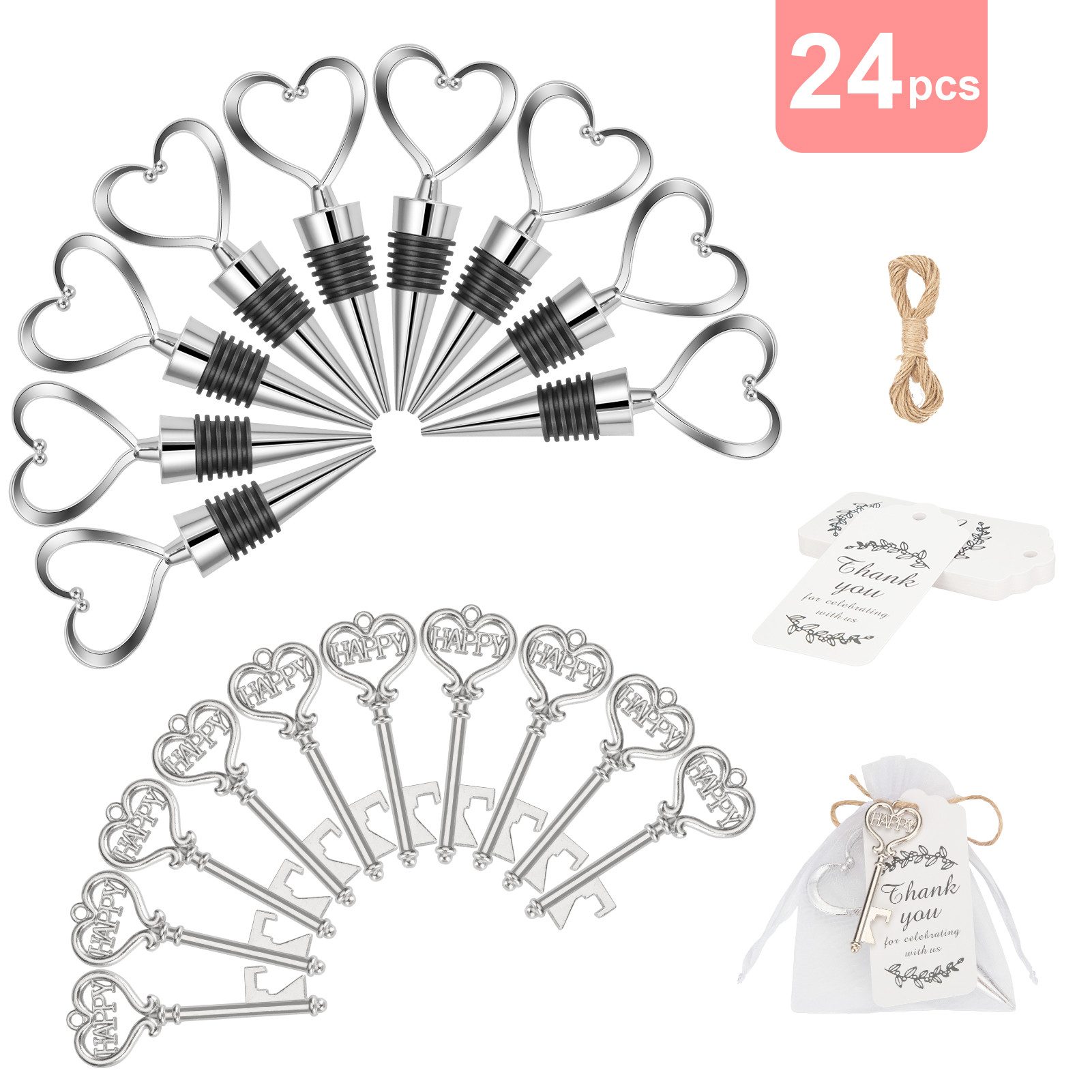 GarveeMore Geschenk-Tragetasche 24-teiliges Herz-Gastgeschenk-Set, Weinverschluss & Flaschenöffner, (24St), Vielseitig als Dekoration & persönliches Gastandenken