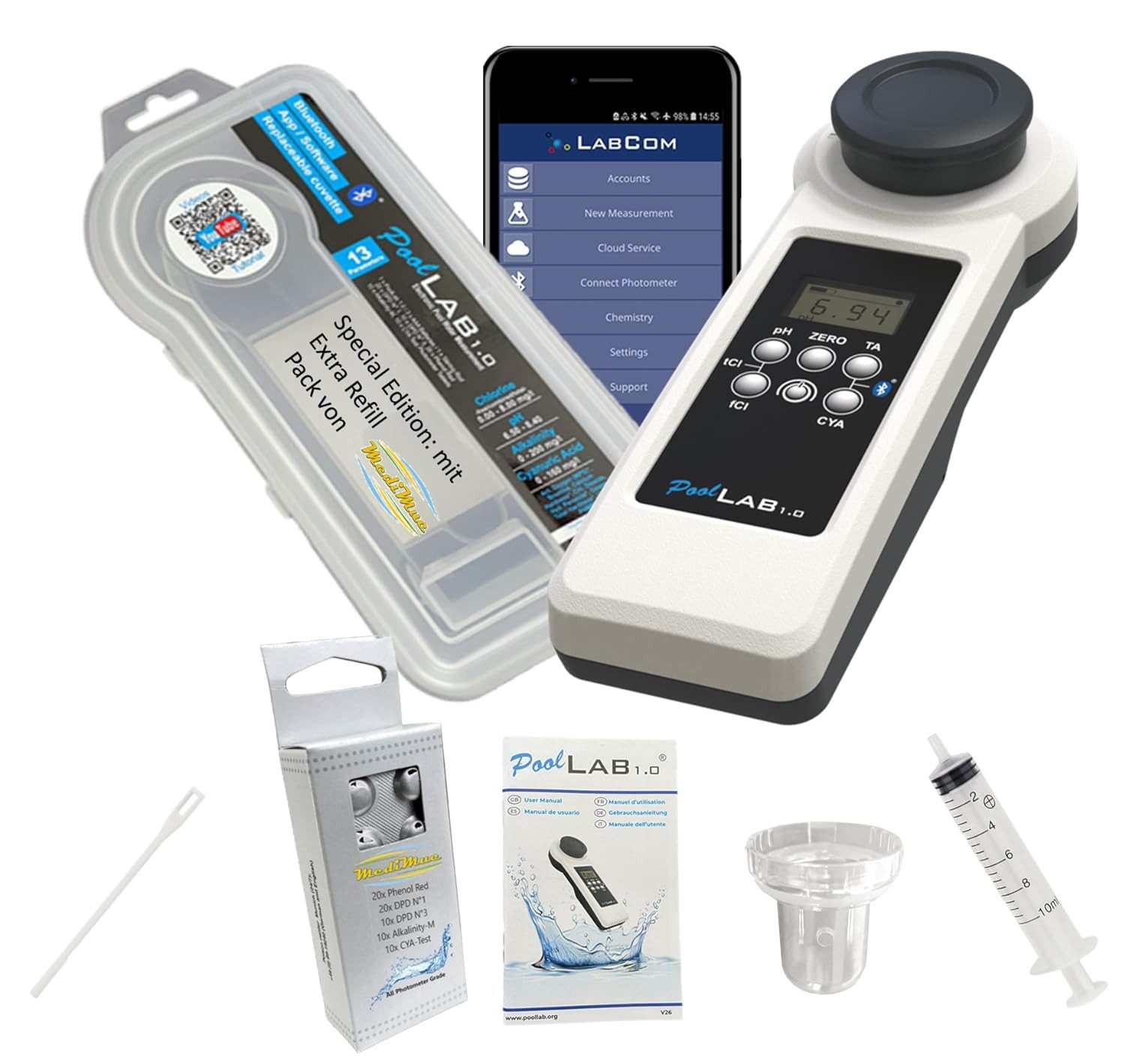 MediMuc Pool-Wassertest PoolLab 1.0 Photometer - 15 Parameter - mit 70 Testtabletten, 15 Messparameter, 1-tlg., Bluetooth