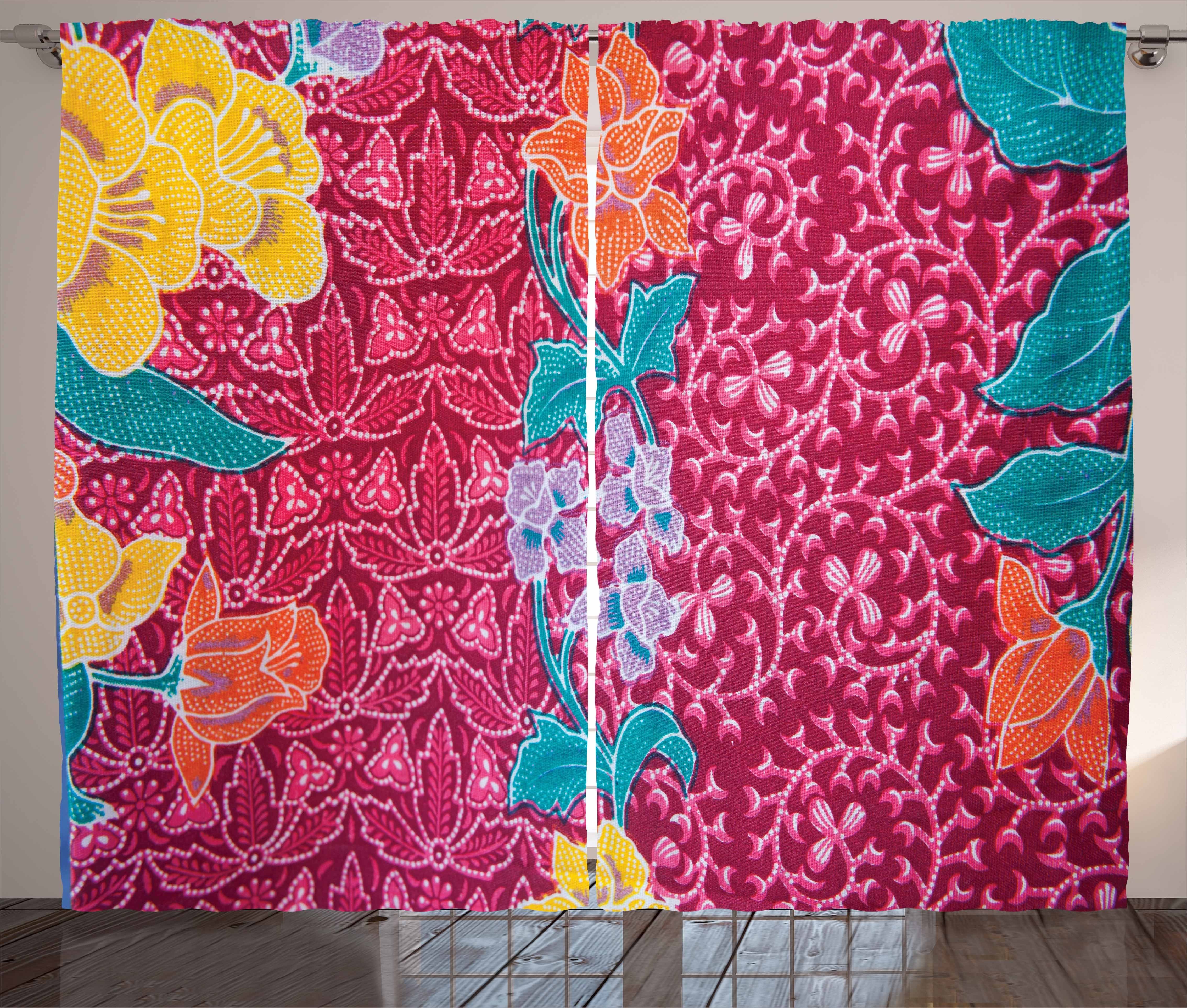 Batik Schlaufen Schlafzimmer Bunte Gardine Blüten Abakuhaus, Haken, mit asiatisch und Vorhang Kräuselband
