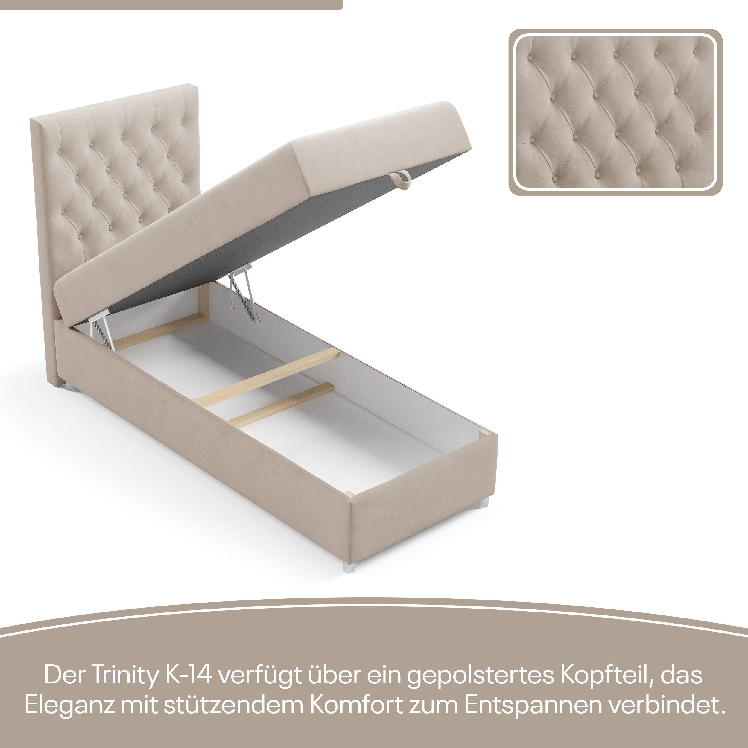 Best for Home Boxspringbett Trinity K-14 mit Bettkasten & PUR-Topper Komfort – Einzelbett (Komplettset, 1-St., 70x200 80x200 90x200 100x200 cm), Stauraumfunktion, 18 cm Bonellfederkernmatratze H3