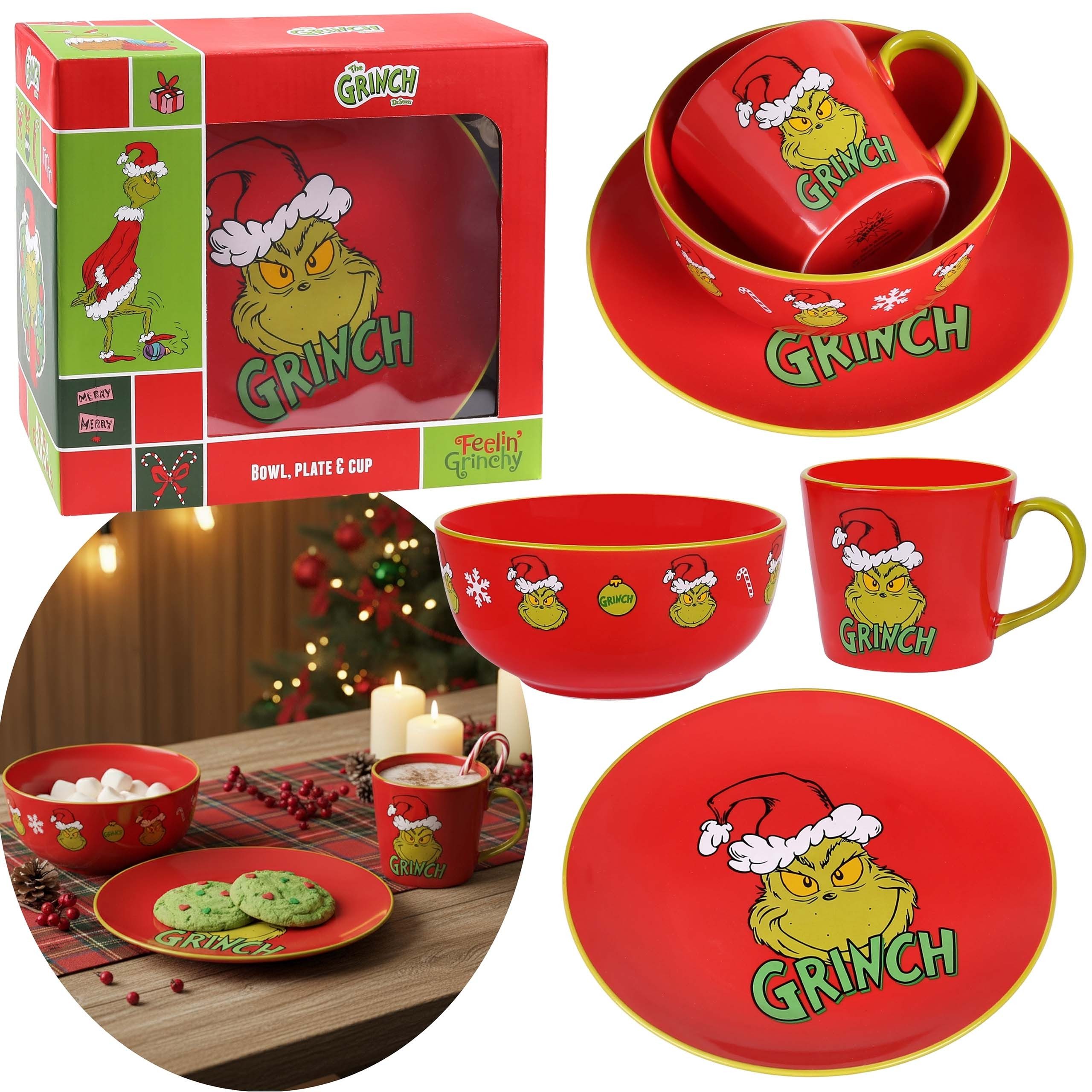Sarcia.eu Frühstücks-Geschirrset Grinch Geschirrset – Tasse, Teller, Schüssel, rotes Frühstücksset