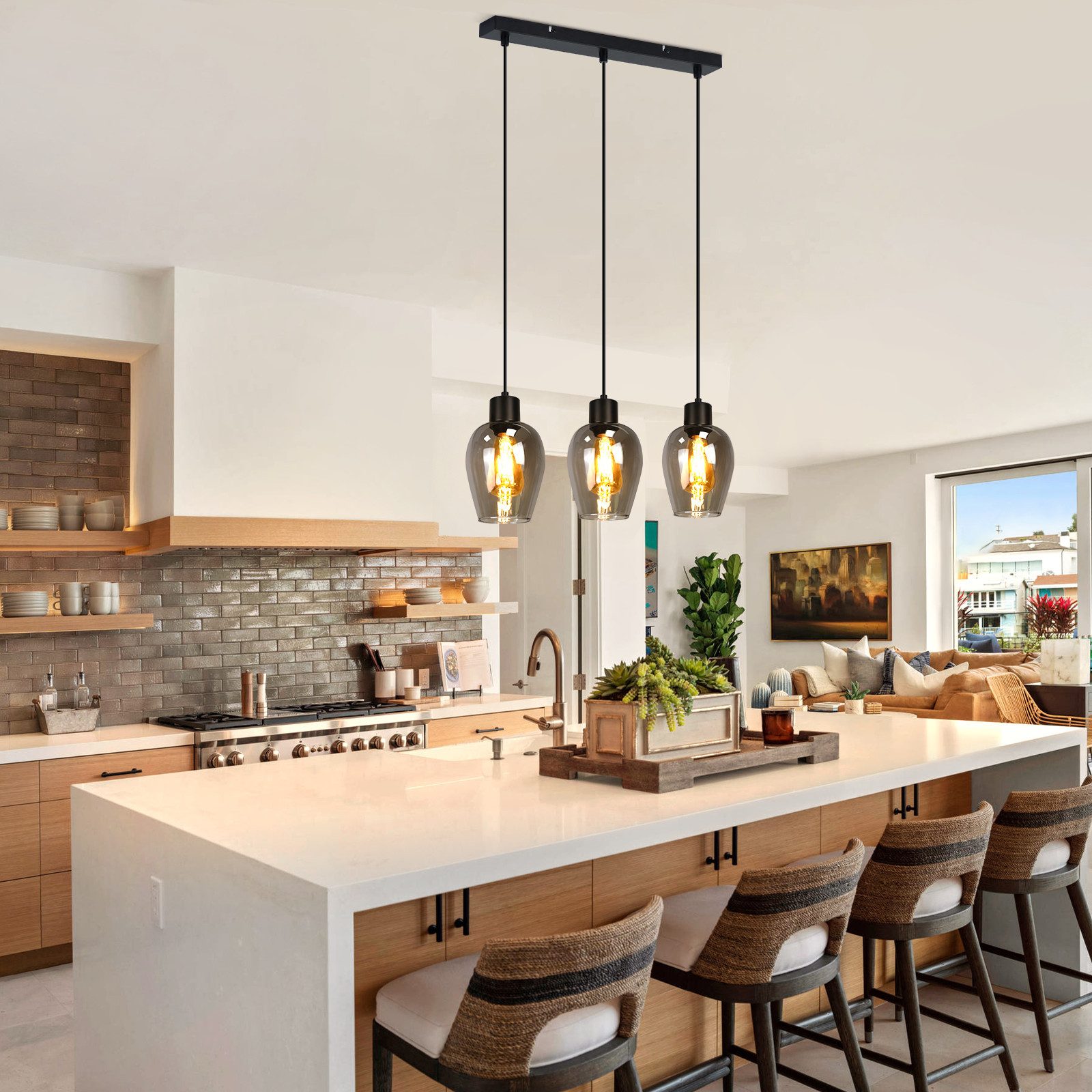 Nettlife Pendelleuchte Vintage Schwarz Hängelampe mit 1/3/4 Rauchglas-Schir günstig online kaufen