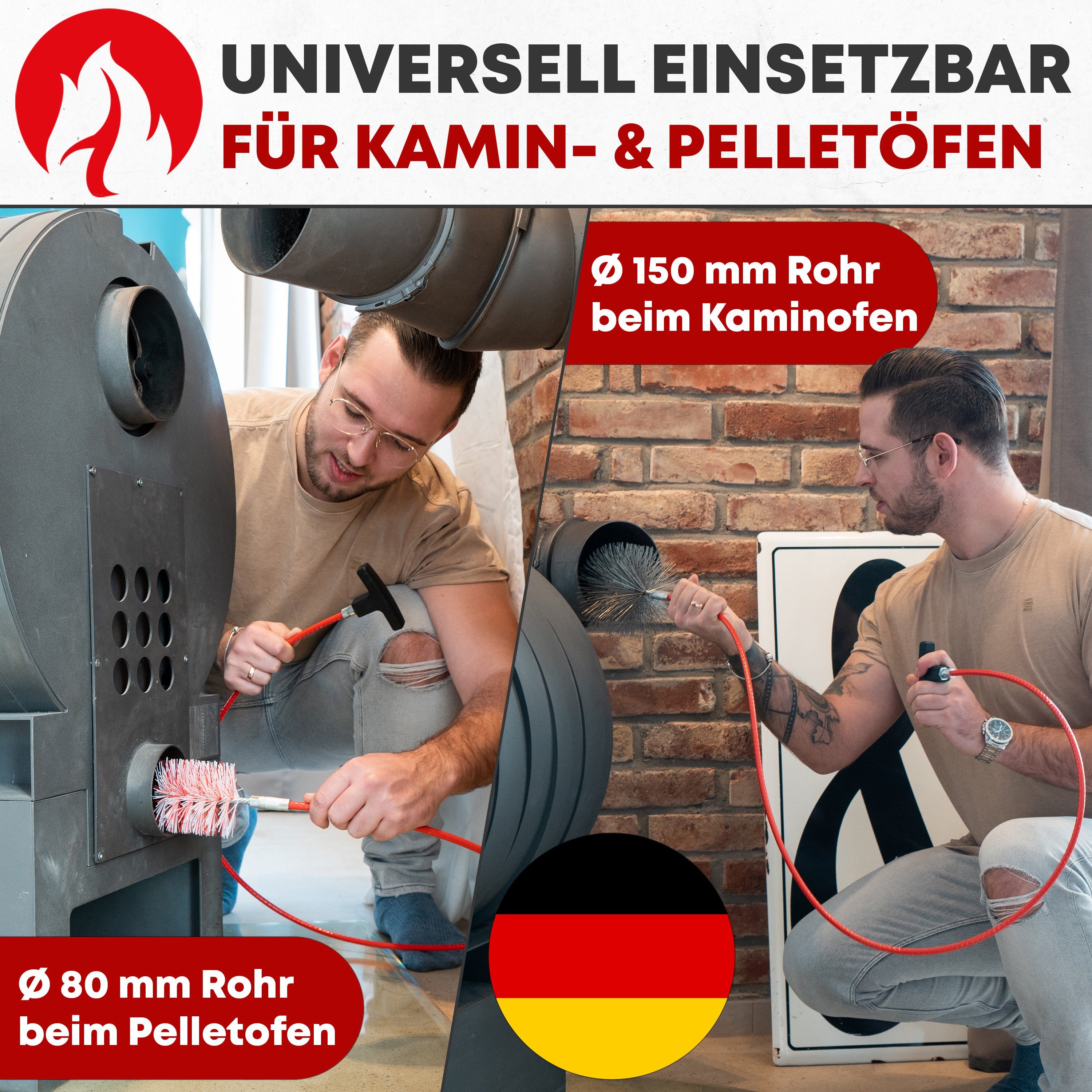Thumbnail - Danskfyre Reinigungsbürsten-Set für Kamin- und Pelletofen, mit Schubstange, 80/150 mm Ofenrohrbürsten