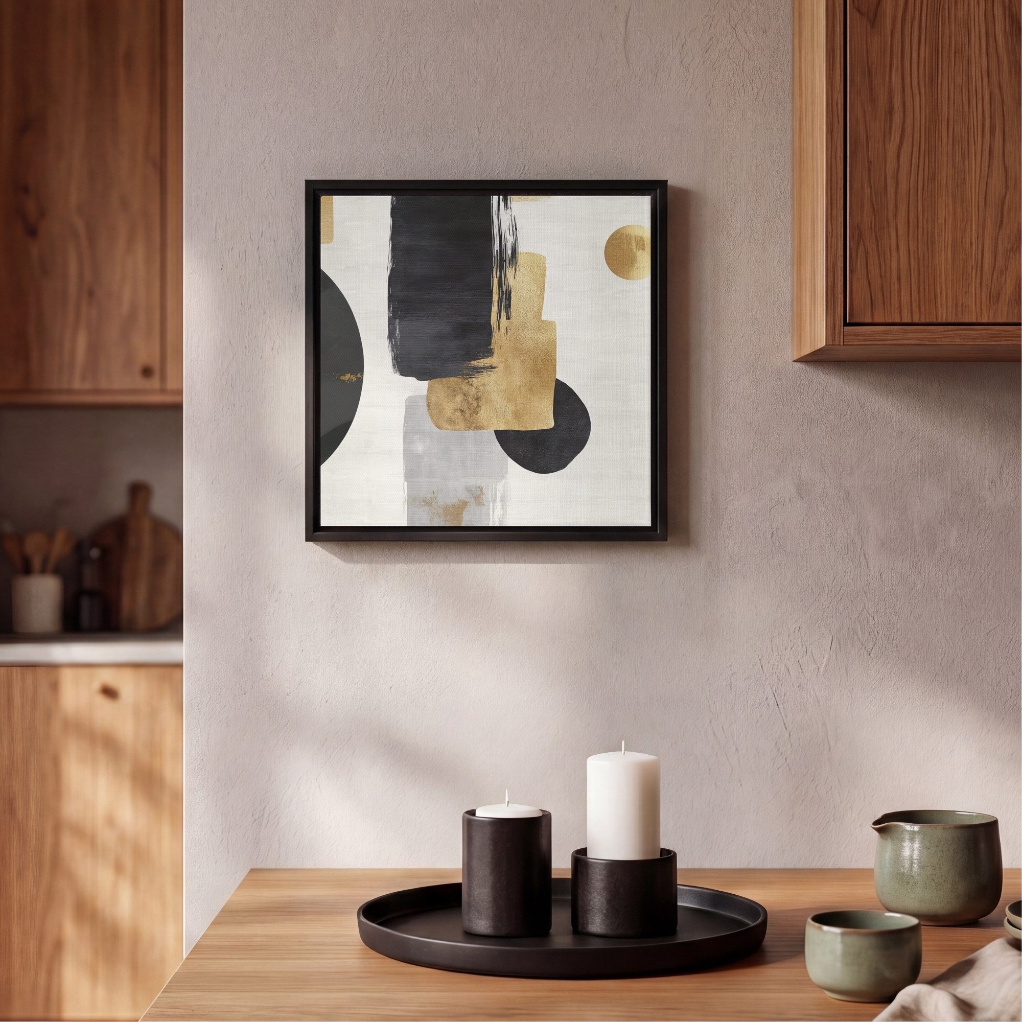 OneMillionCanvasses® Leinwandbild mit Rahmen - Gold - Rechtecke - Kreise - Abstrakt, Fotodruck (1 St), Leinwand Bilder Klein, Wand Dekoration Aesthetic 20x20cm – Bild 2 von 5