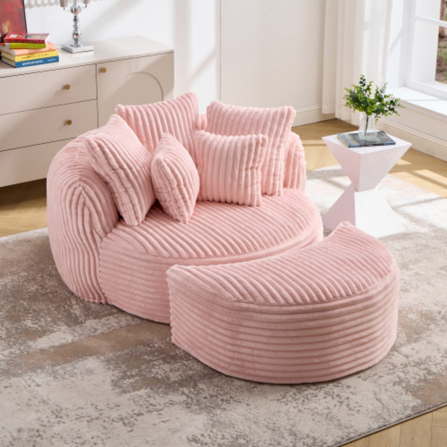 ANYSUN XXL-Sessel Rundsessel mit Hocker, 123×97×63 cm, Chenille, mit Rückenkissen (1 Rundsessel + 1 Hocker + 5 Zierkissen), Für Wohnzimmer, Schlafzimmer & Leseecke, montagefrei, 5 Zierkissen
