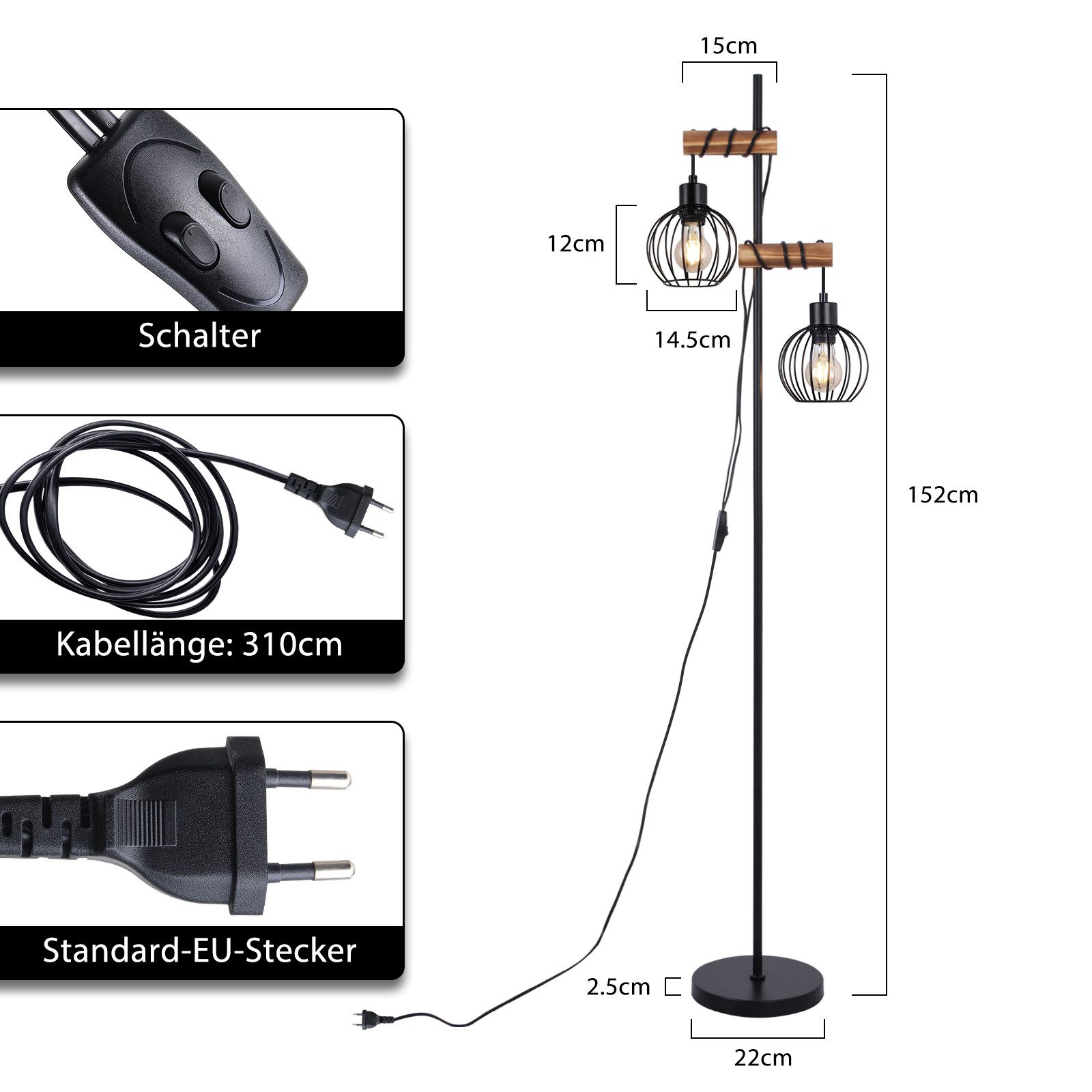 ZMH Stehlampe Wohnzimmer 2 Flammig 151CM günstig online kaufen
