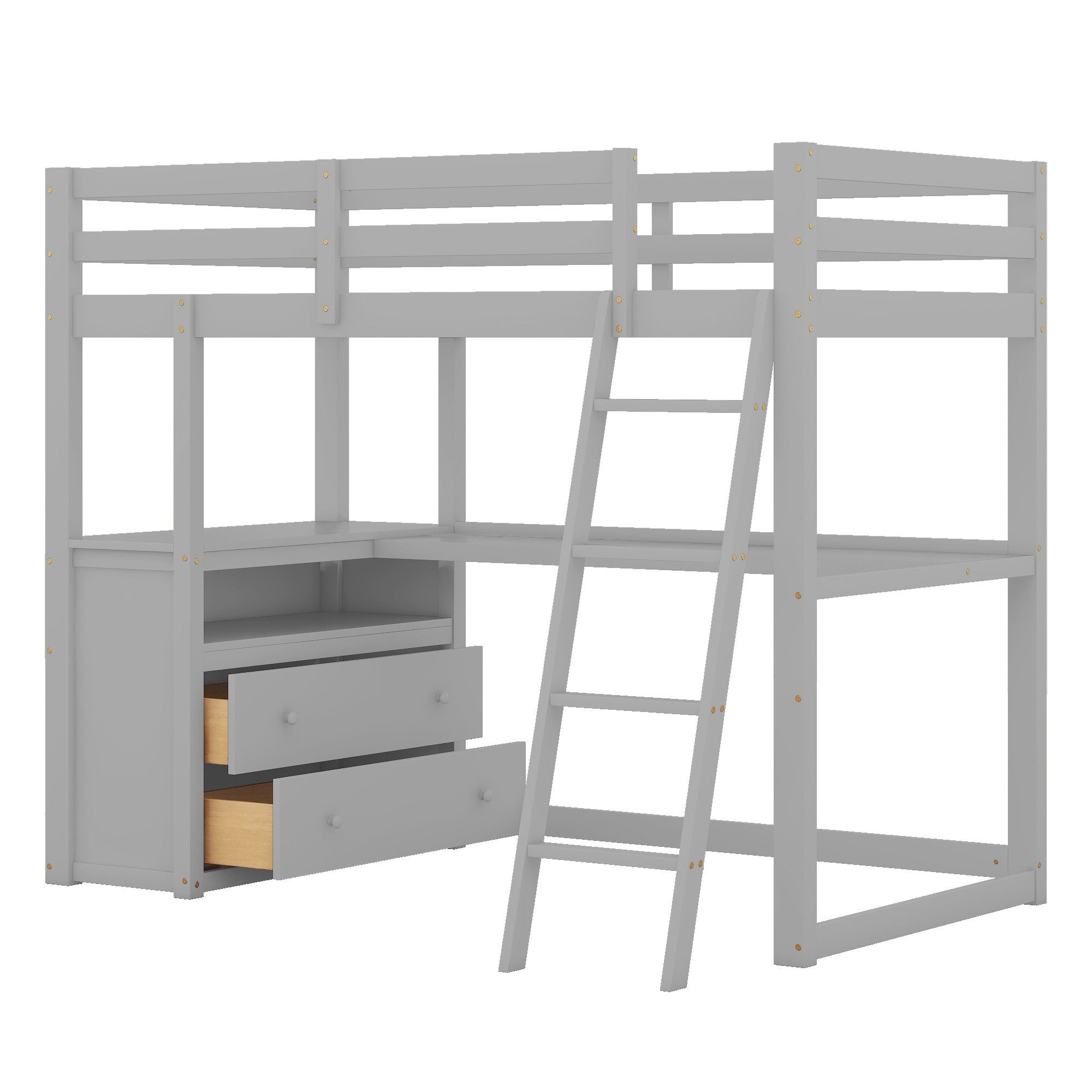 Leiter, Schreibtisch cm | X 90 Grau Grau 200 Etagenbett mit Hochbett Kinderbett | & Ulife Grau Schubladen