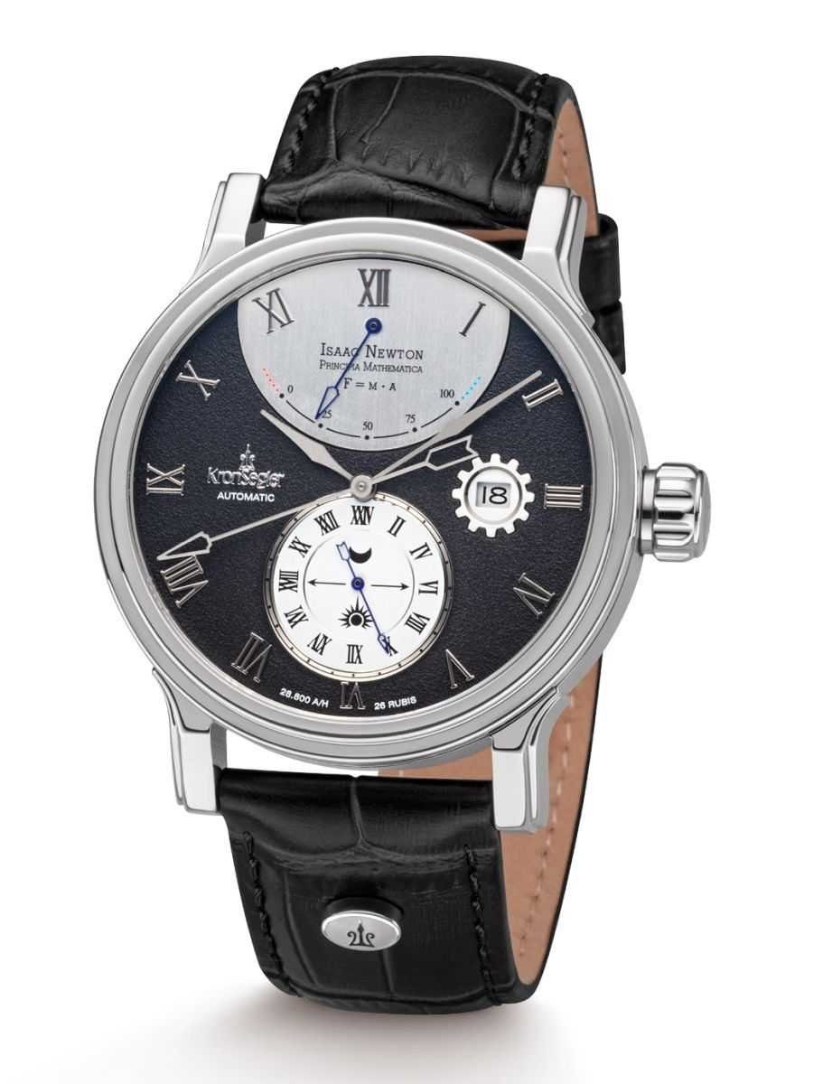 Automatikuhr Isaac Newton stahl-schwarz Herrenuhr Lederband 43 mm