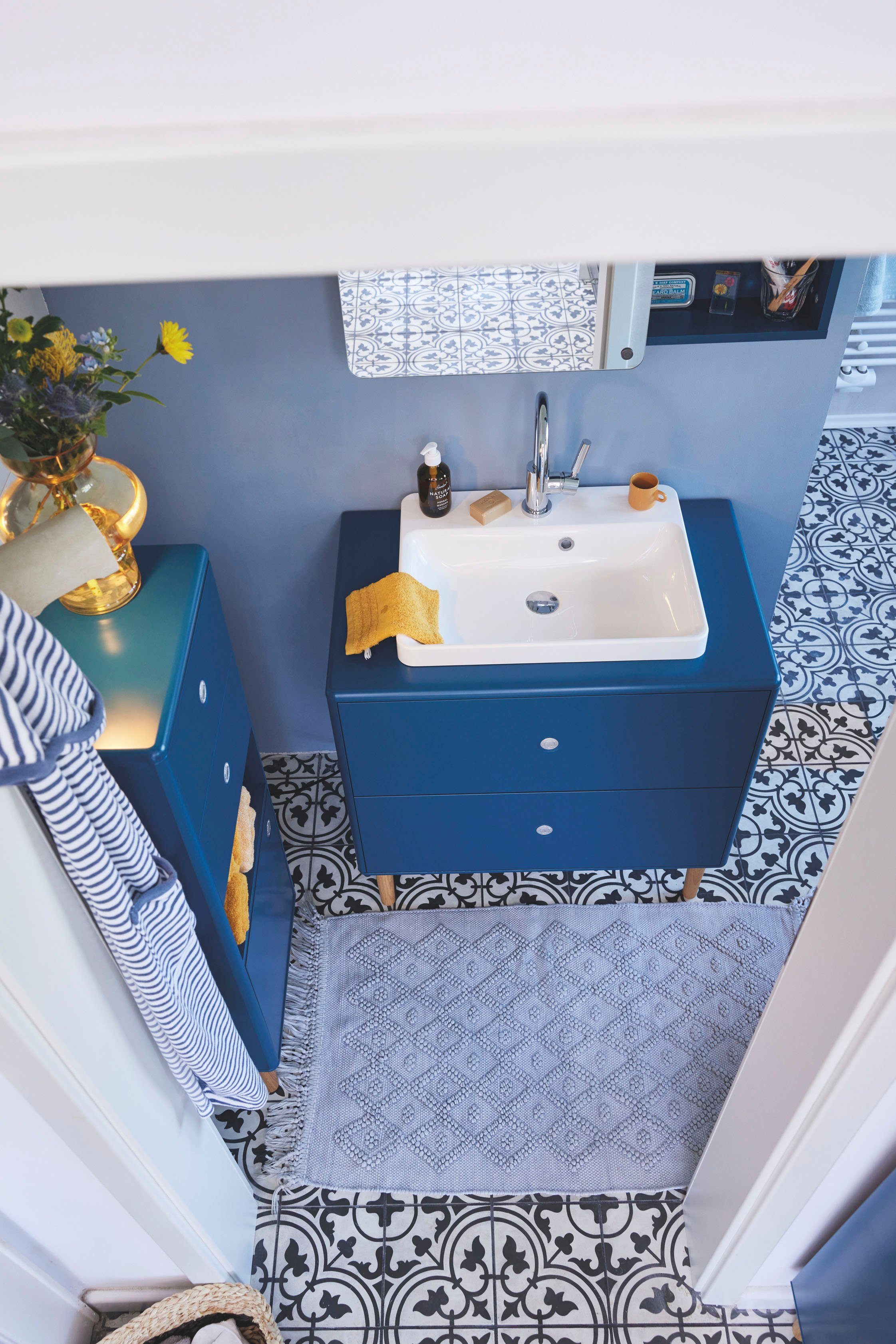 TOM TAILOR HOME Badematte Vintage Wash, Höhe 6 mm, fußbodenheizungsgeeignet, Baumwolle, rechteckig, Badteppich, Uni Farben, Rauten Muster, mit Fransen, reine Baumwolle