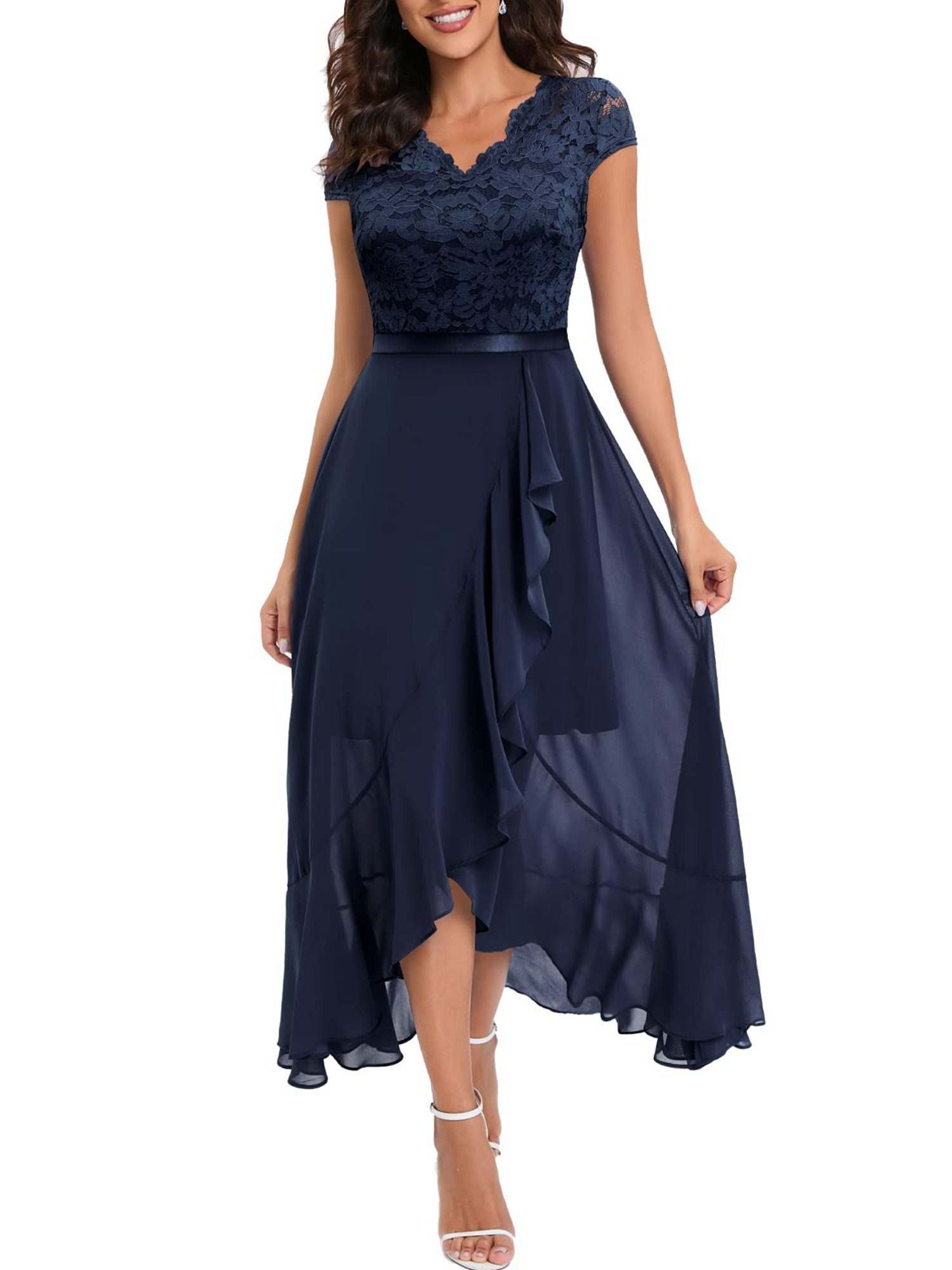 PYL Cocktailkleid Damen Abendkleid mit Chiffon Und Spitzen, Elegant Maxikleid 36-44 Größe