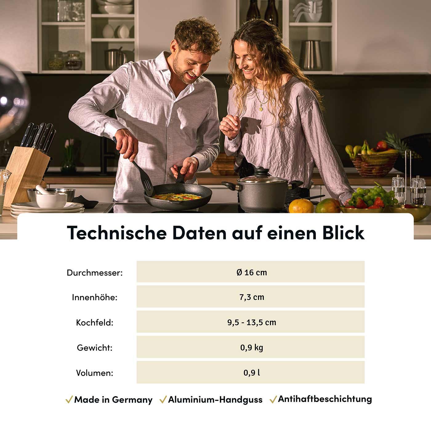 Hoffmann Germany Kasserolle Stieltopf Aluguss Antihaft Ø 16 cm – Made in Germany, Aluguss (1-tlg., 1x Kasserolle Ø 16 cm), abnehmbarer Griff, Antihaft, backofenfest bis 250°C, Induktion