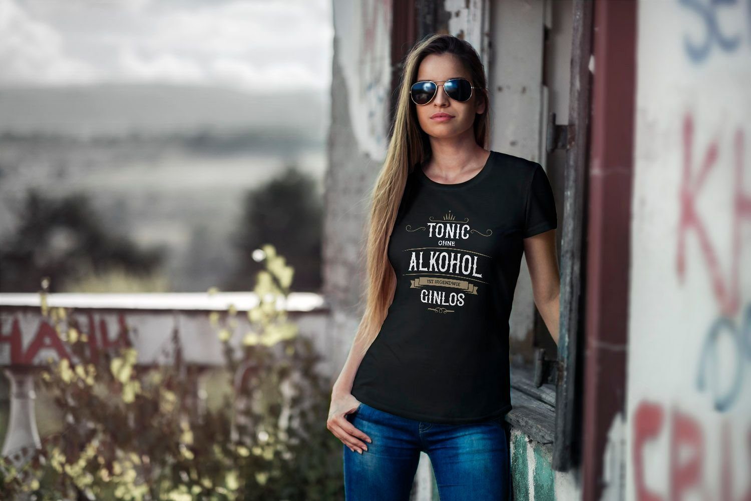 Print-Shirt Slim irgendwie T-Shirt ohne MoonWorks Tonic Moonworks® Ginlos Print Alkohol schwarz Fit Damen ist mit