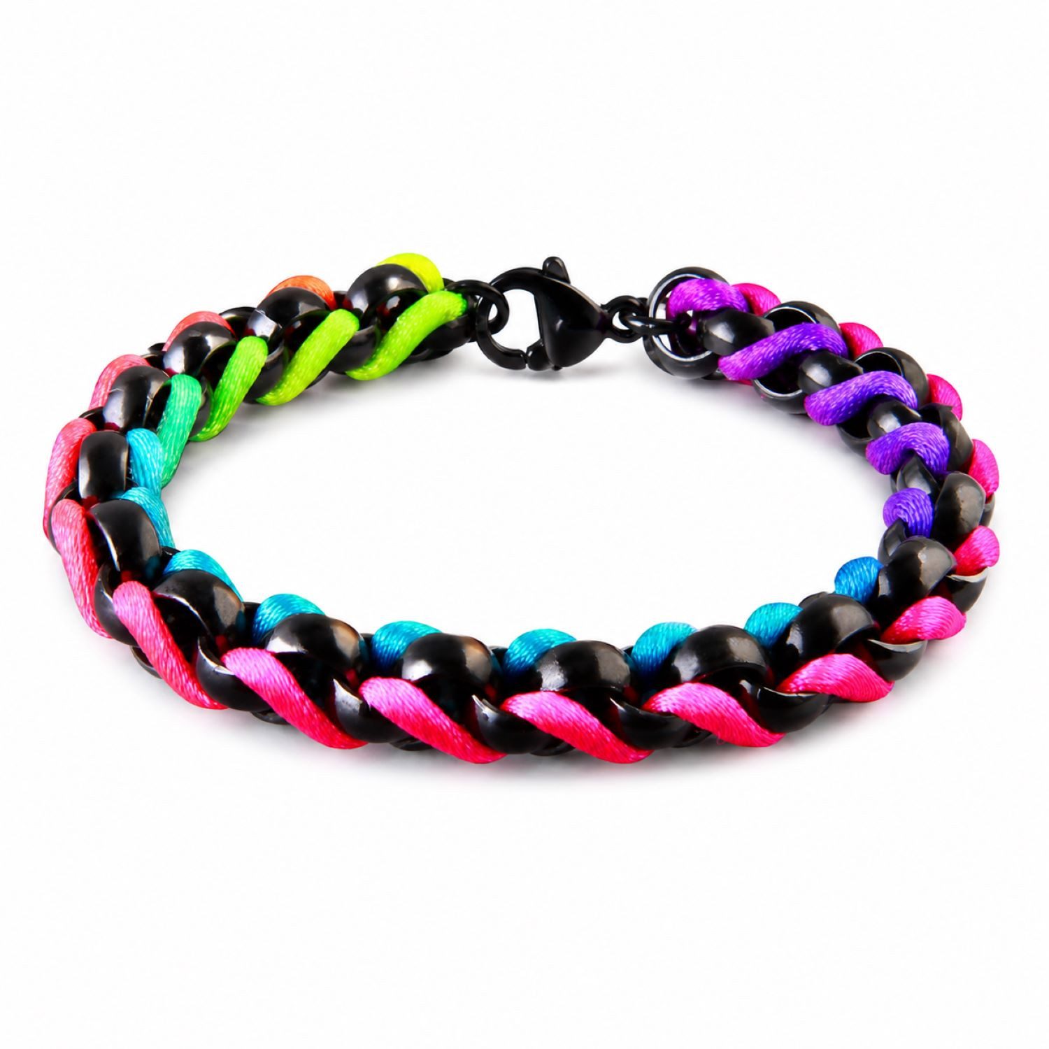 Kingka Gliederarmband aus Edelstahl schwarz mit eingeflochtenen Textilband neonfarben, Zu Shirt, Hoodie, Jeans, Sneaker! Büro, Urlaub, Party, Geschenkidee