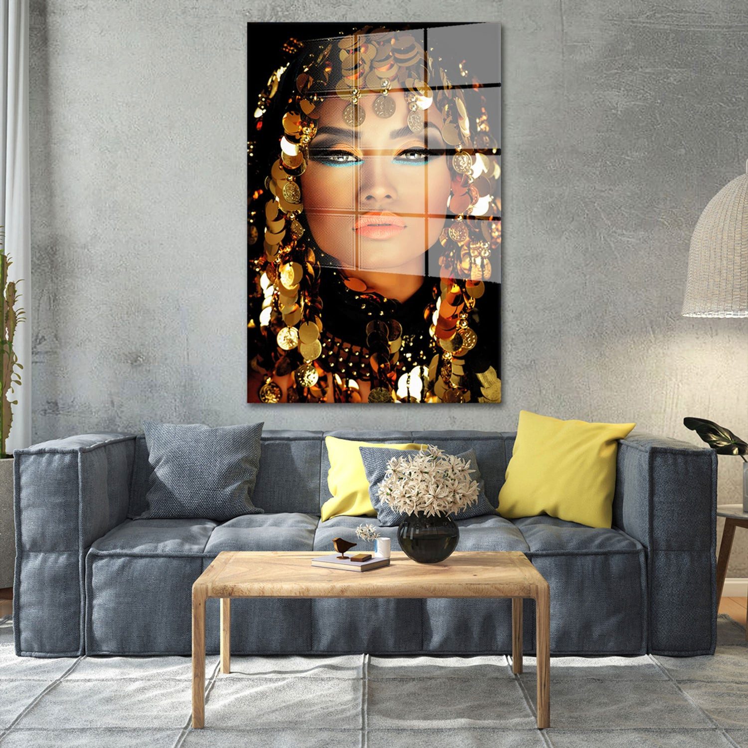 Artedinoi Acrylglasbild Kleopatra Acrylglasbild Wandbild Königin Modern Gold Portrait XXL, Königliches Frauenportrait im Stil einer antiken Herrscherin des Orients.