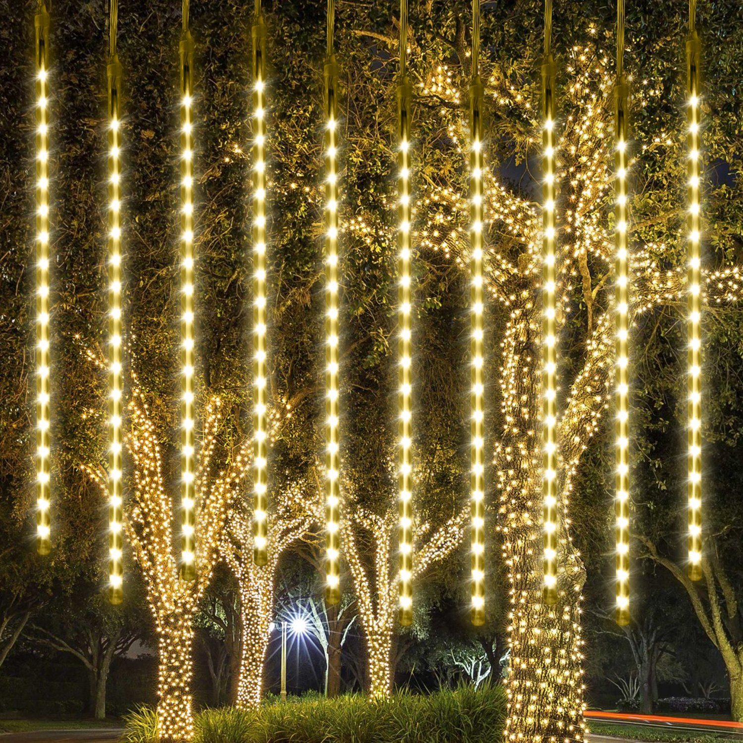 Sunicol LED-Lichterkette Lichterregen, Meteorschauer, Schneefall, Eisregen, Eiszapfen, Party, Weihnachten Lichterkette, Wasserdichte, für Außen Innen Hochzeit Warmweiß