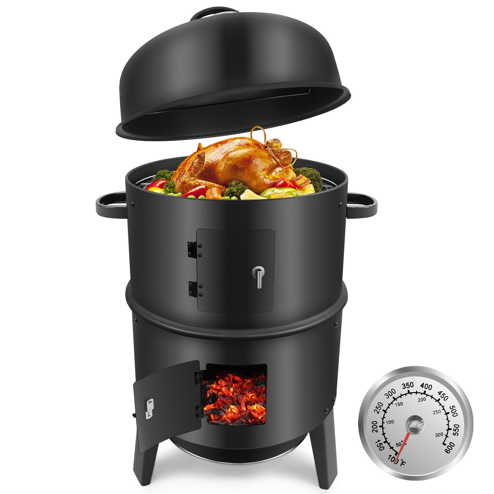 SunJas Holzkohlegrill K-25016U mit Deckel,Hänghaken,Wasserschale,Thermometer Grilltonne, Räuchergril Grilltonne Kugelgrill BBQ Räuchertonne