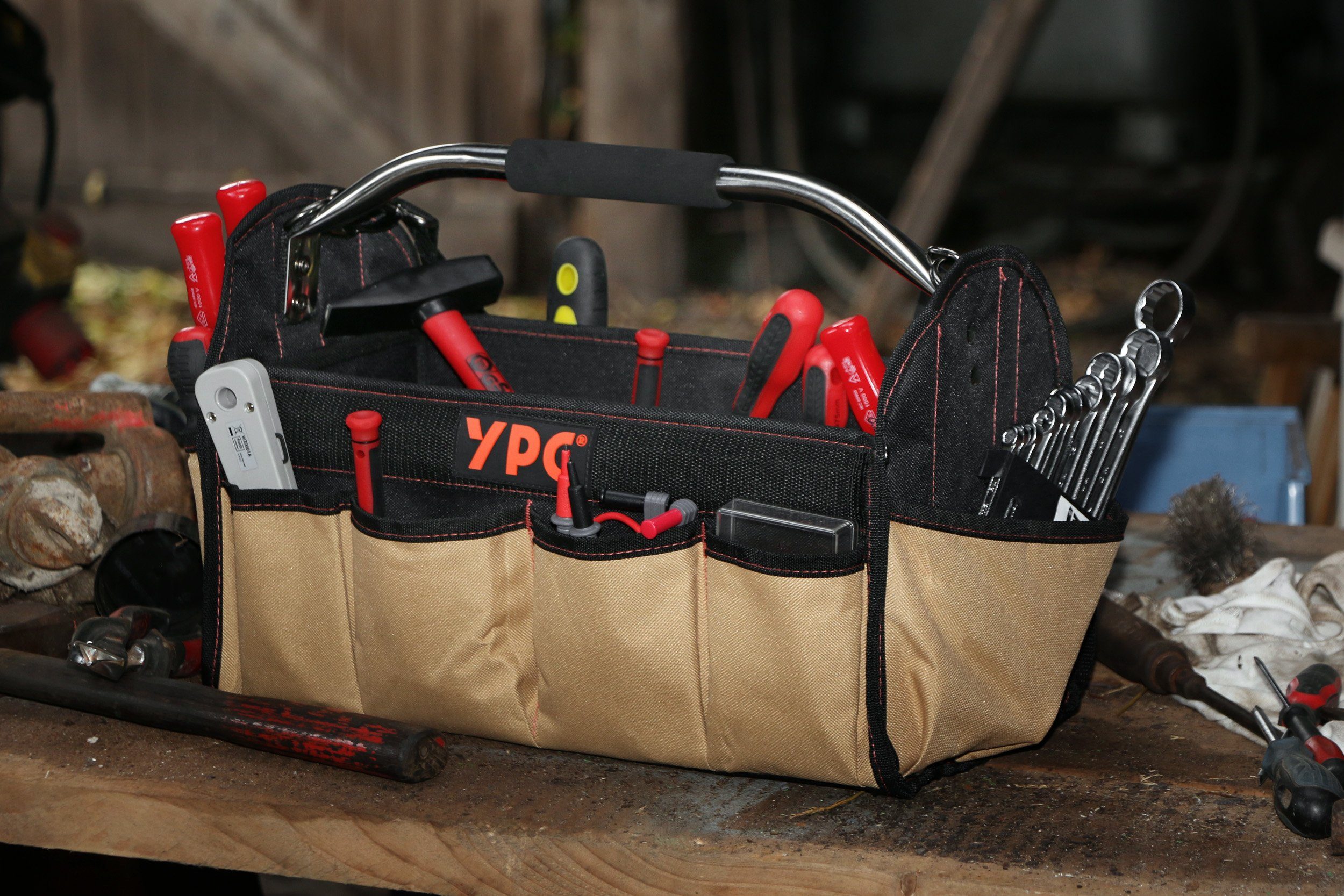 Tragkraft, YPC Werkzeugtasche XL, Beige kg Werkzeugtasche "Carrier" 20 mit Fächern offene mit Tragetasche Haltern, 40,5x30x19,5cm, Werkzeugkorb und für Metallgriff, Einschüben Werkzeug