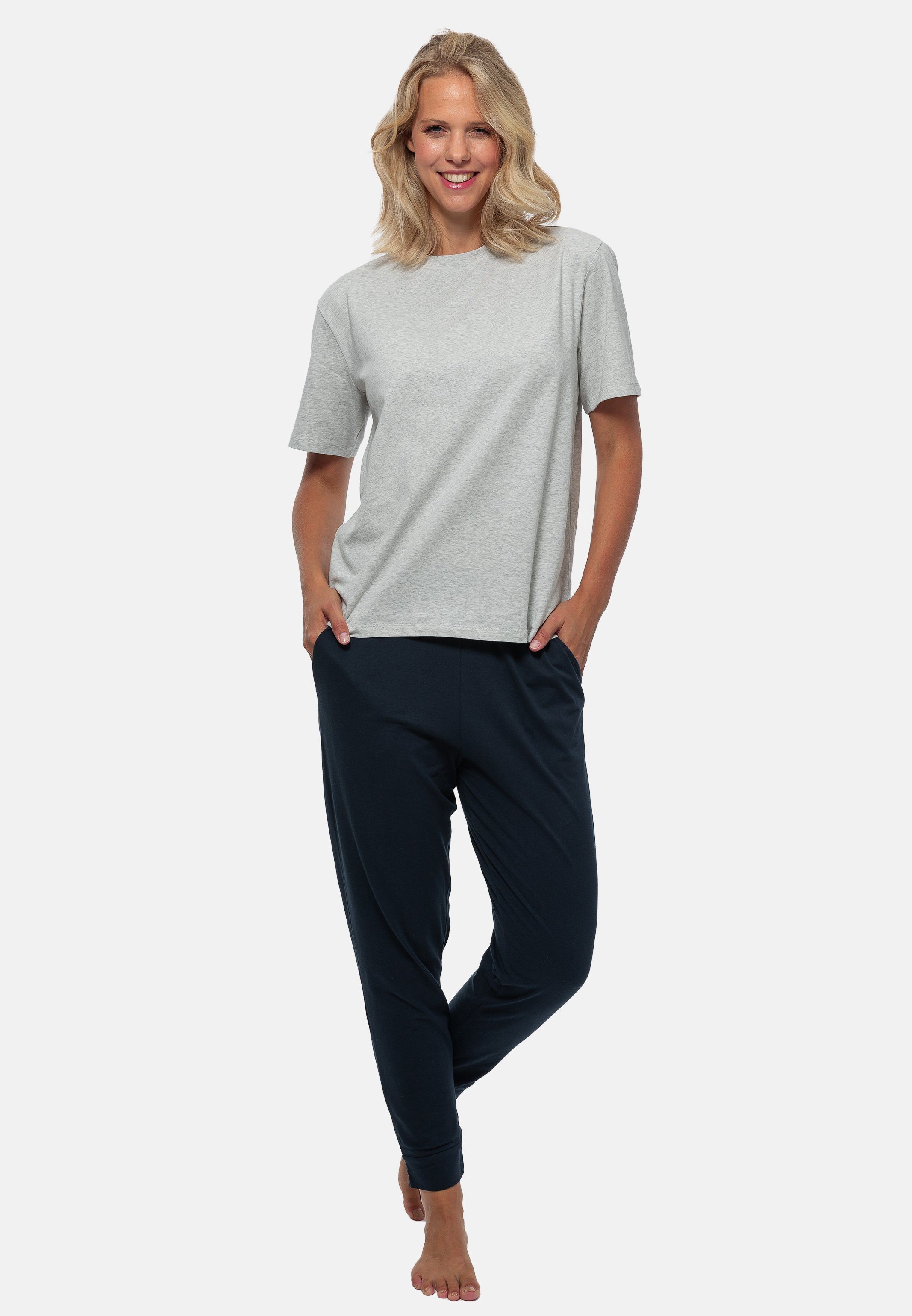 Cotton Grau Baumwolle (Set, - tlg) - Pyjama Dunkelblau Schiesser Schlafanzug / 2 Organic