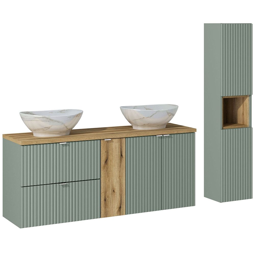 Lomadox Badmöbel-Set NEWPORT-56-GREEN, (Spar-Set, 2-St., Waschtisch Hochschrank), Hochschrank und 140cm Waschtisch mit Waschbecken, Schilfgrün mit Eiche
