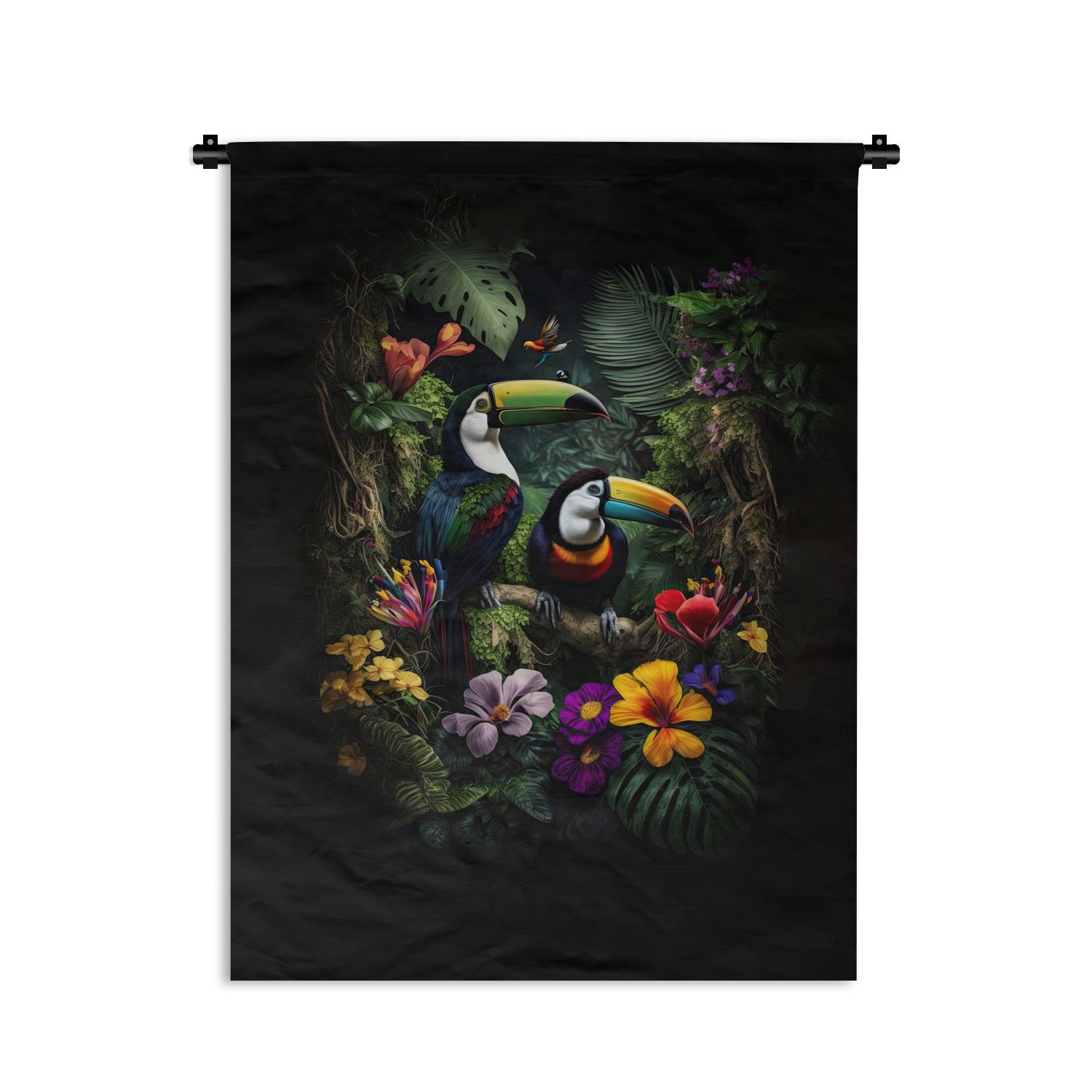 MuchoWow Wanddekoobjekt Tukan - Blumen - Tropisch - Dschungel - Vogel, Deko für an der Wand, Wohnzimmer, Tapisserie, Schlafzimmer