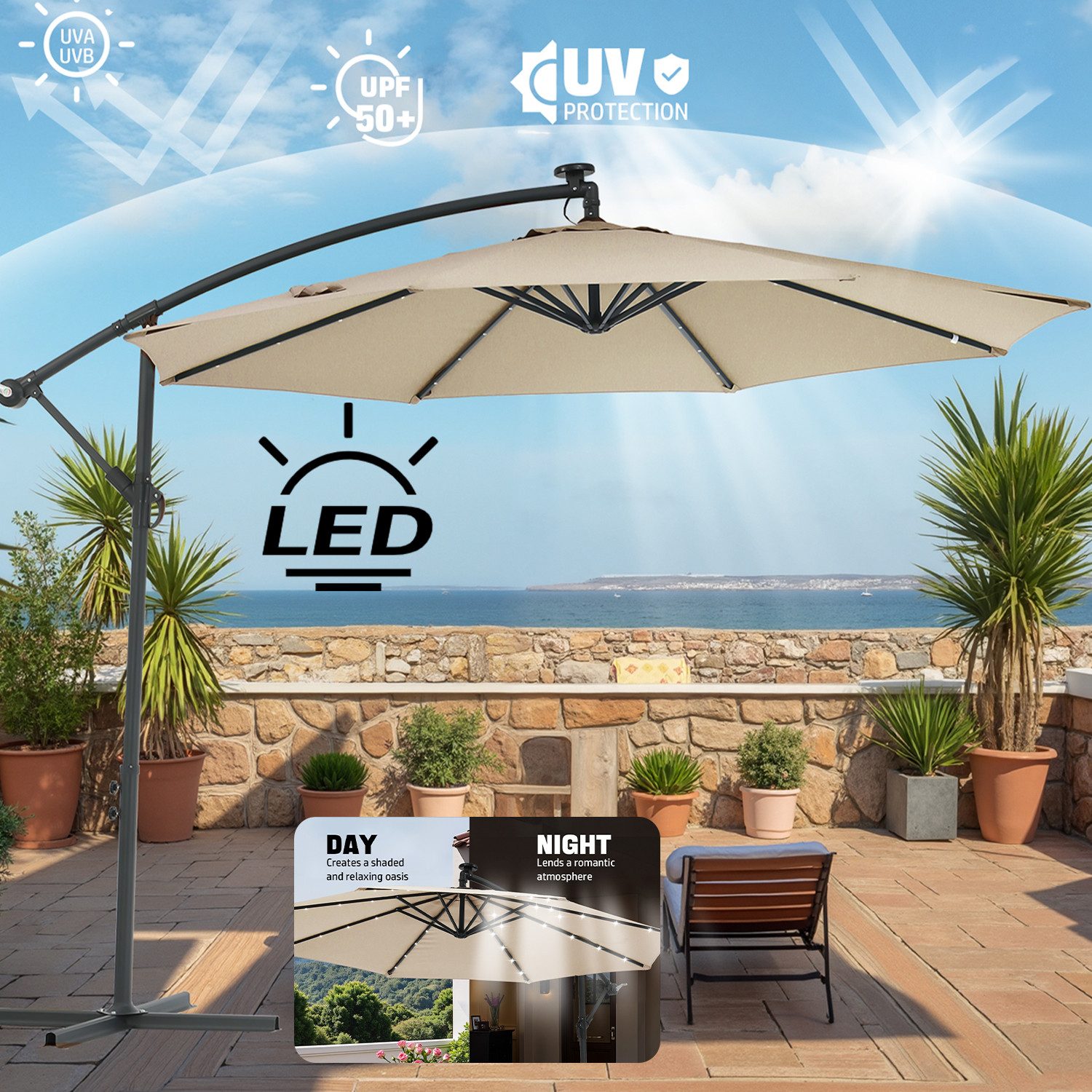LETGOSPT Sonnenschirm Gartenschirm Ø300cm mit LED-Beleuchtung,Schutzhülle,U günstig online kaufen