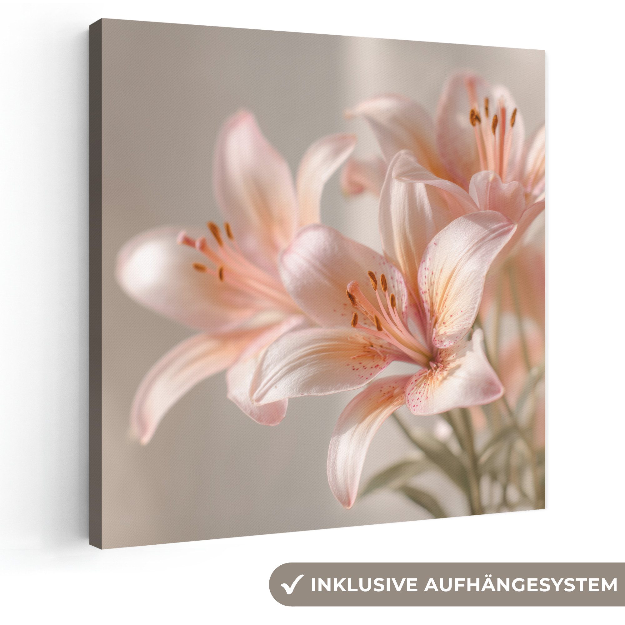 OneMillionCanvasses® Leinwandbild Lilien - Staubgefäße - Rosa - Unscharf, Fotodruck (1 St), Wandbild, Deko Schlafzimmer Wohnzimmer Flur 20x20 cm