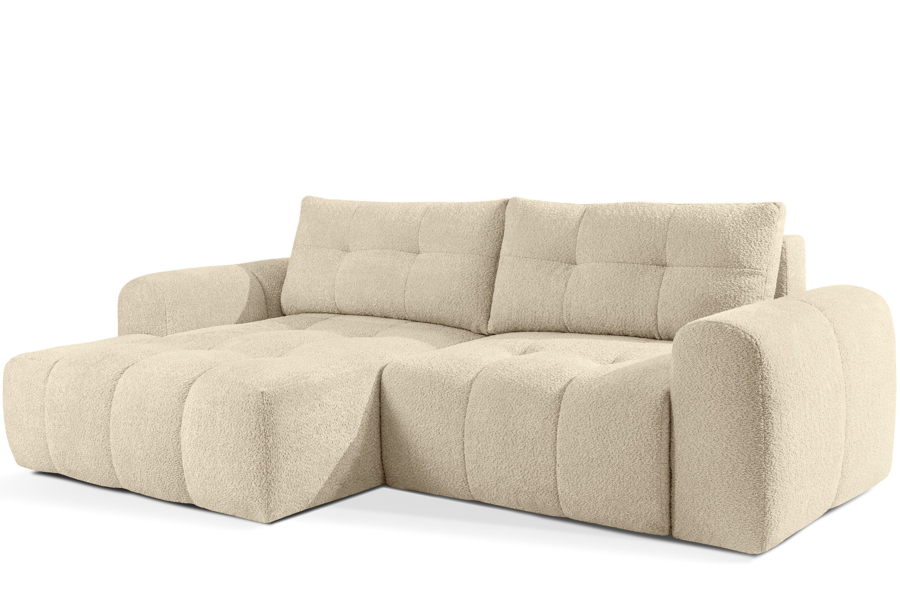 KONSIMO® Ecksofa RAVIA mit Schlaffunktion, Modern-Stil, Premiumqualität aus EU, links Ecksofa, kompakte Größe, Bouclé-Stoff, ausziehbare Liegefläche (193x150 cm)