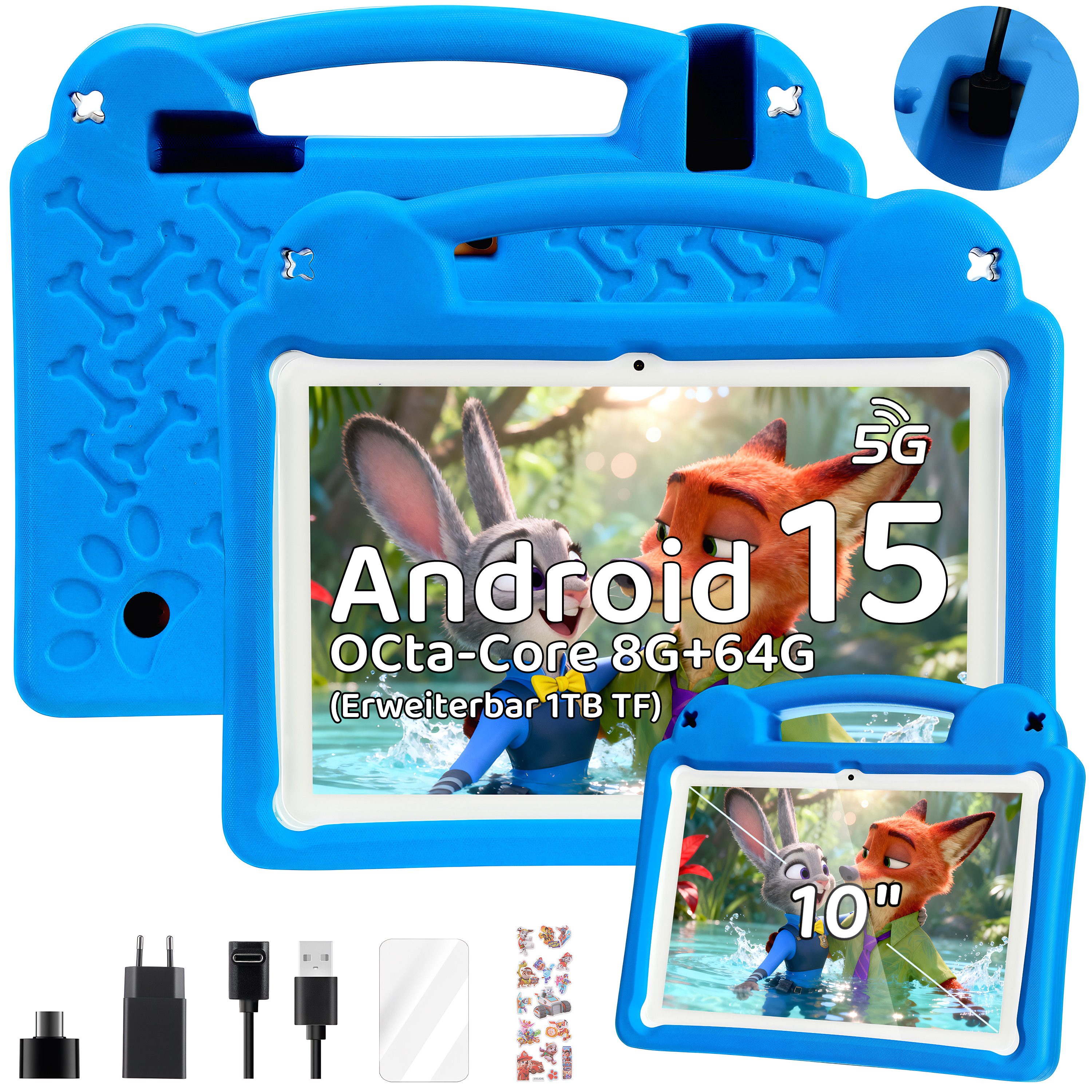WILGOON 10.1'' Kids Android 15 mit Stylus Tablet A523 Octa Core bis 2.0 GHz HD Tablet (10.1", 64 GB, Android 15, 2.4G+5G WIFI6, 6000 mAh mit WiFi 6 Bluetooth 5.0 GMS mit Tasche+Sticker für Kinder)