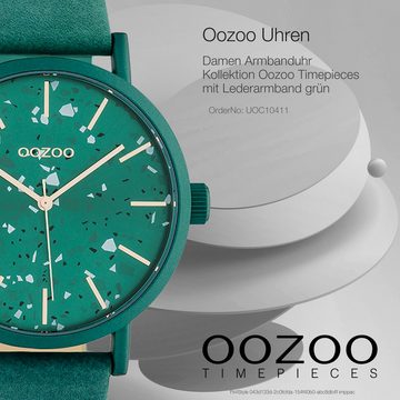 OOZOO Quarzuhr Oozoo Damen Armbanduhr Timepieces Analog, (Analoguhr), Damenuhr rund, groß (ca. 42mm), Lederarmband grün, Fashion