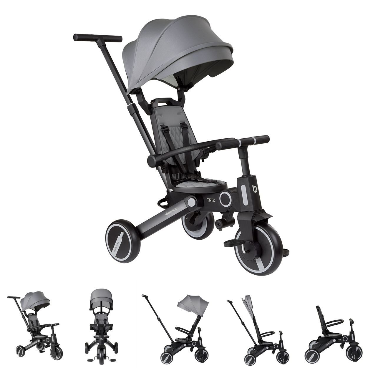 Kikkaboo Dreirad Trix 3 in 1, Schiebegriff, faltbares Sonnendach, Sicherheitsgurt, umbaubar